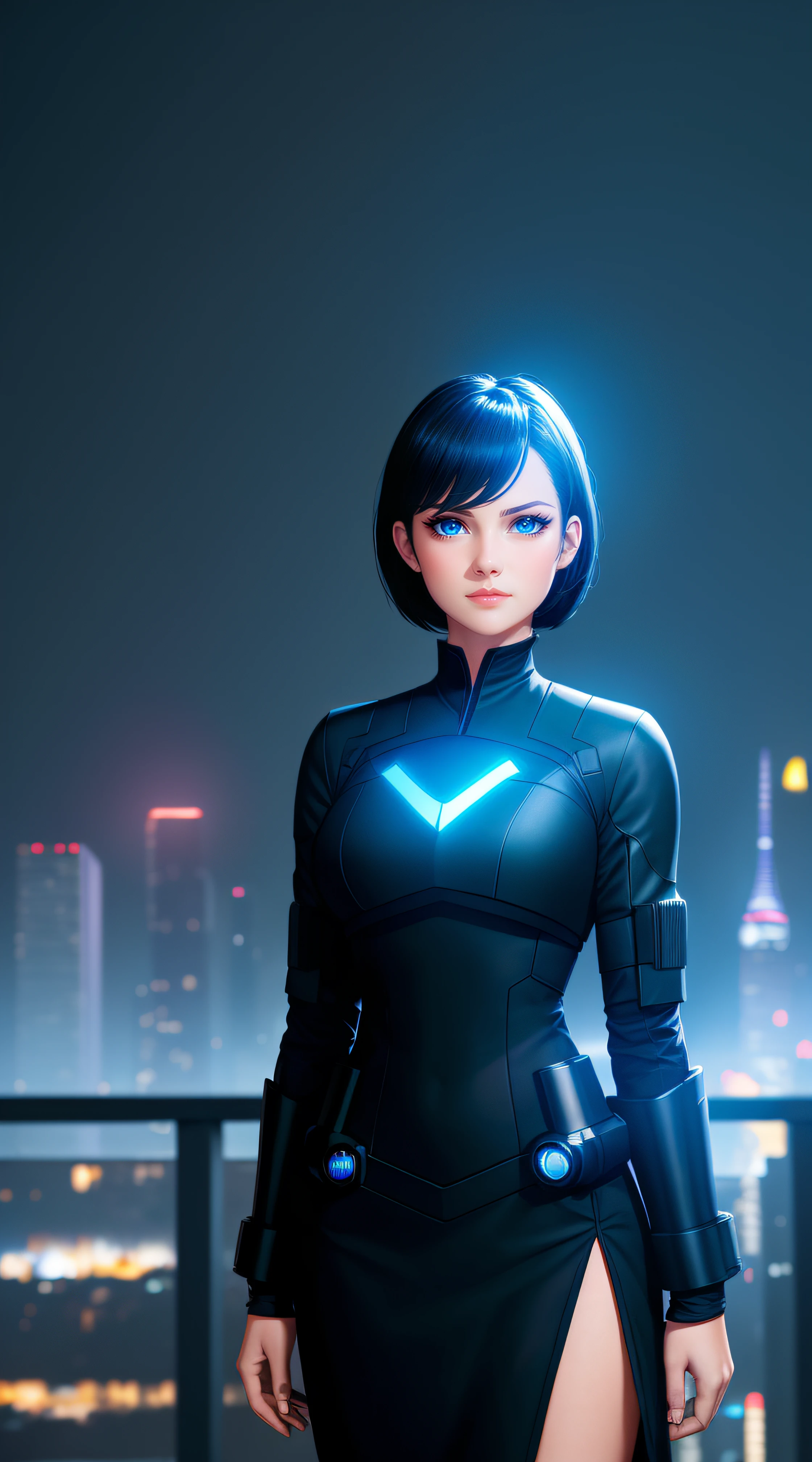 Science Fiction,Sci-Fi,Sci-Fi Movies,Foundation Movie References,Stories about Rebellion,Anti-Government Groups,Politics,War,25-Year-Old Woman, Full Body, Adult,Dark Blue Water-Colored Eyes,Black Bob Short Hair,1945 Doctor Gown,Fully Dressed,Polite Dress,Serious Face,Realistic Face Resolution,Realistic,Object Resolution, (dark city night black background:1.4)