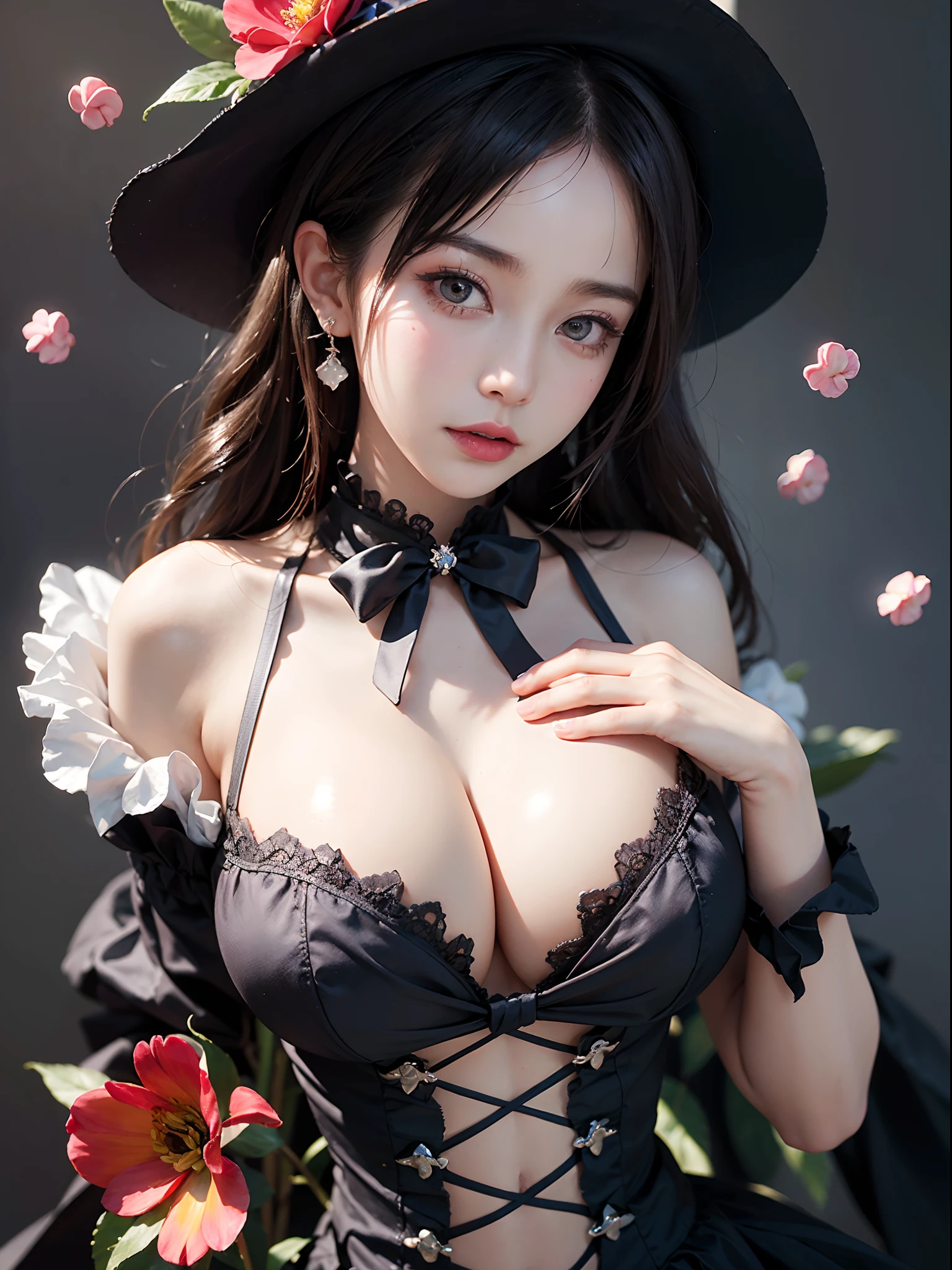 masterpiece,mature, 25yo,best quality,1girl,gothgal,frilly dress 8k,highres, ( flower_styler:1.2)(rainbow-candy:1.2) ((large breast,big ))