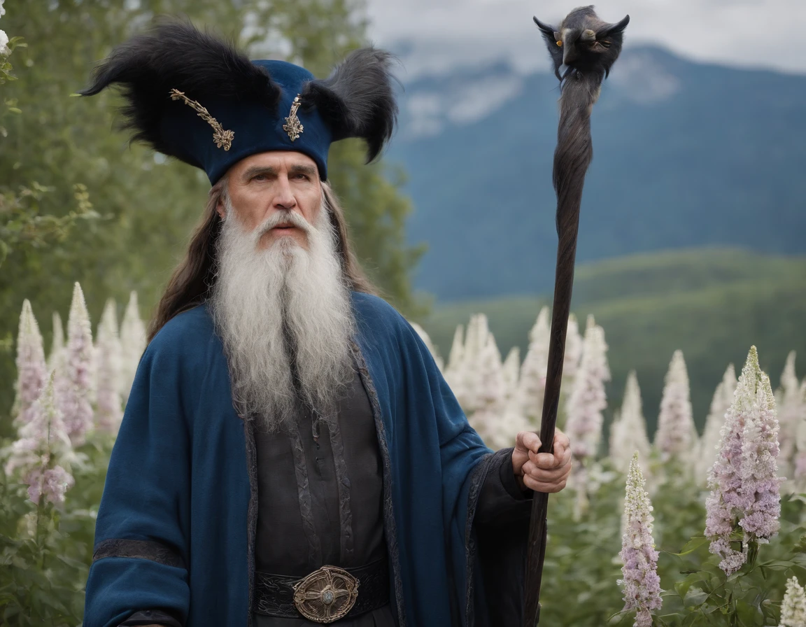 Create an image of a sorcerer with a long beard and a dark blue outfit with black accents using a white staff in the middle of a flowery area with griffons in the sky