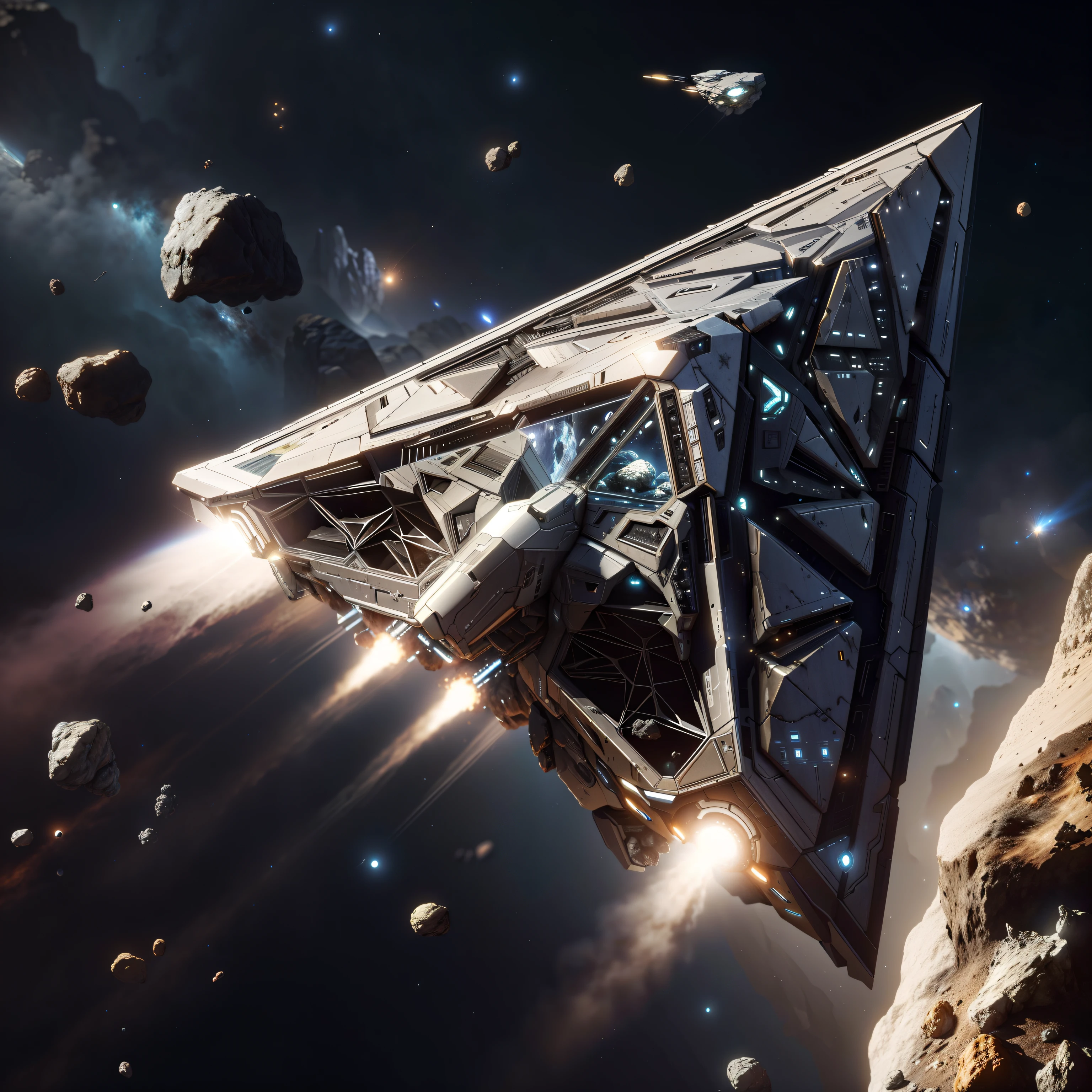 spaceship flying over a rocky area with a lot of rocks, star citizen origin 100i, star citizen digital art, star citizen, elite dangerous, star citizen concept art, star citizen halo, asteroids, an epic space ship scene, space ships, award winning scifi art, sci-fi space game art, asteroids realistic cinematic