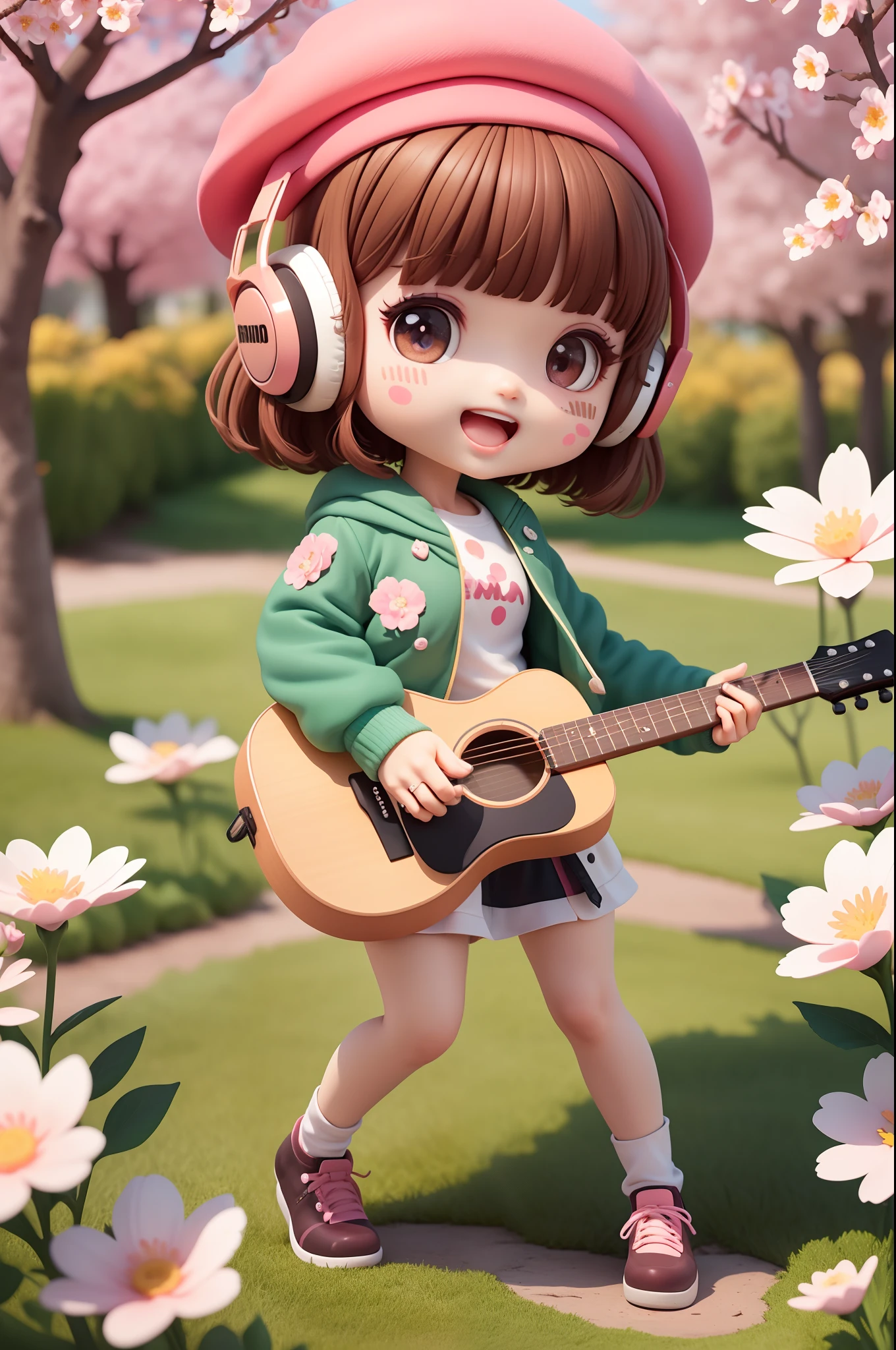 (masterpiece),(best quality),(ultra-detailed), (full body:1.2), 1girl,chibi,cute, smile, open mouth, flower, outdoors, playing guitar, music, beret, holding guitar, jacket, blush, tree, :3, shirt, short hair, cherry blossoms, green headwear, blurry, brown hair, blush stickers, long sleeves, bangs, headphones, black hair, pink flower, (beautiful detailed face), (beautiful detailed eyes),