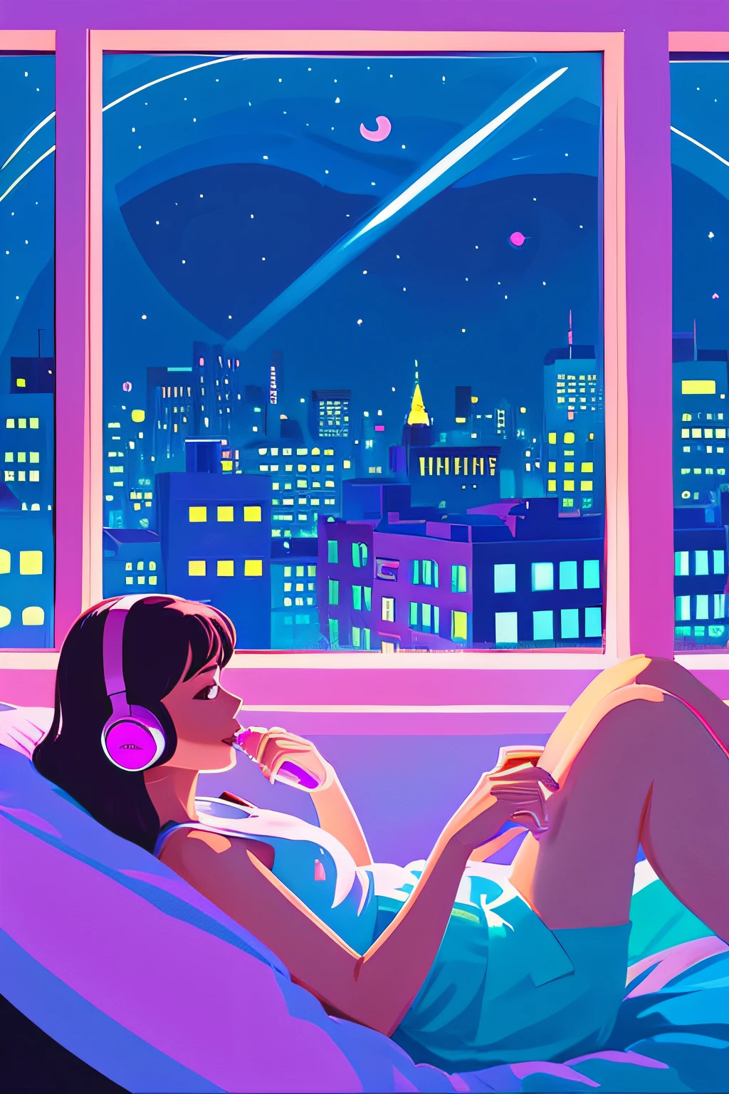 Cartoon-style illustration、City Pop Style Illustration、Solid paint、A room with large windows overlooking the city at night、Girl relaxing in the room、Girls wear headphones、Girl has a smartphone、The color is neon based on purple, pink, and blue、The composition is in front of the window