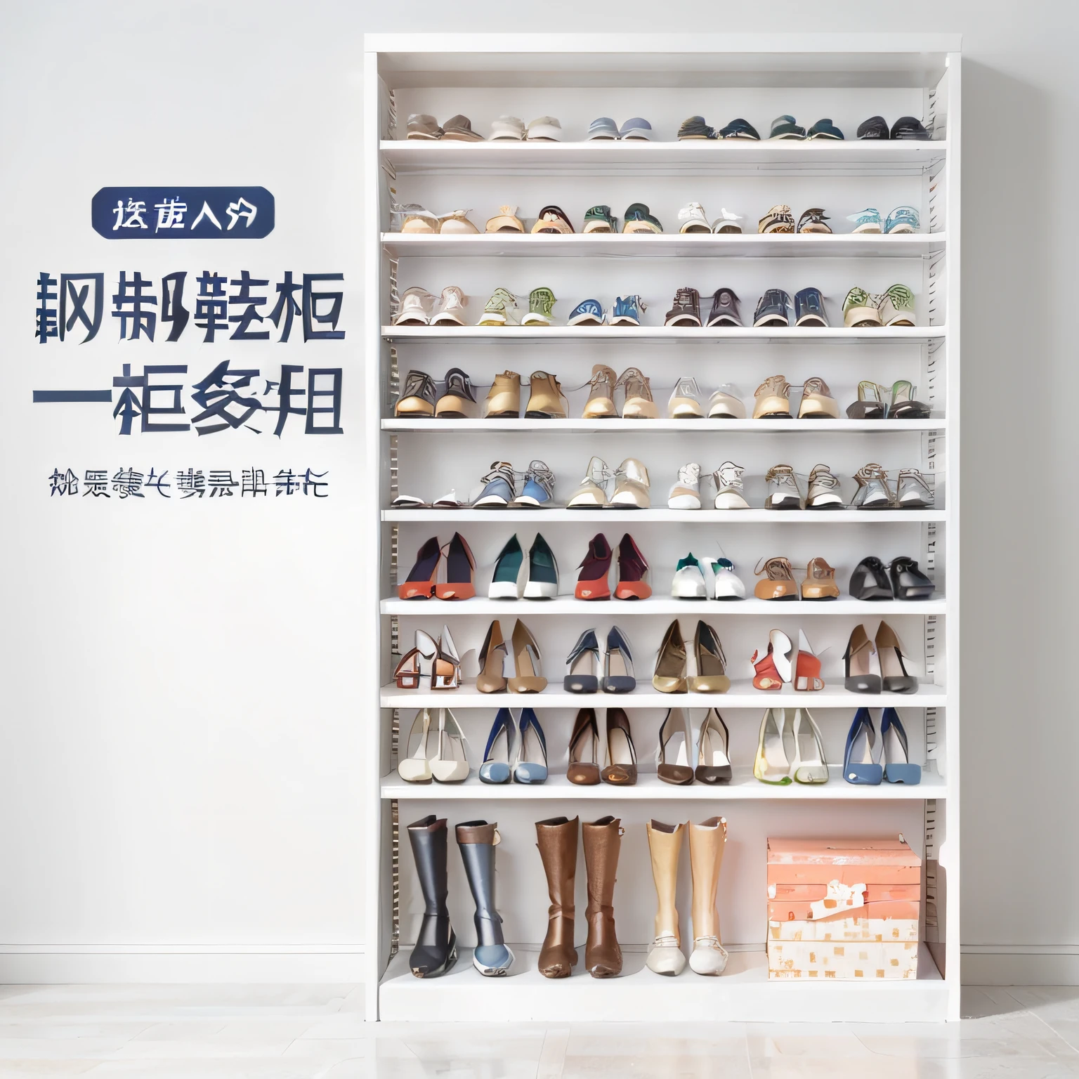 There is a large white shelf，There are many pairs of shoes on it, 8k --height 768, product introduction photos, product introduction photos, shelf, Wang Chen, standing on a shelf, Product photo, collection product, Product display, Chiba Yuda, whole shoe is in picture, Official product image