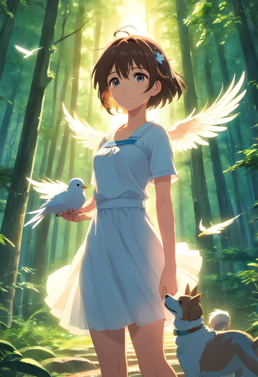 (Best quality,highr:1.2),Fotorrealista,anime big breast,A princess,girl,white dresses,small,adolable,Cartoon dog,(The low girl holds a wounded bird)Rio Claro in your hands,ln the forest,rays of sunshine,Eye contact