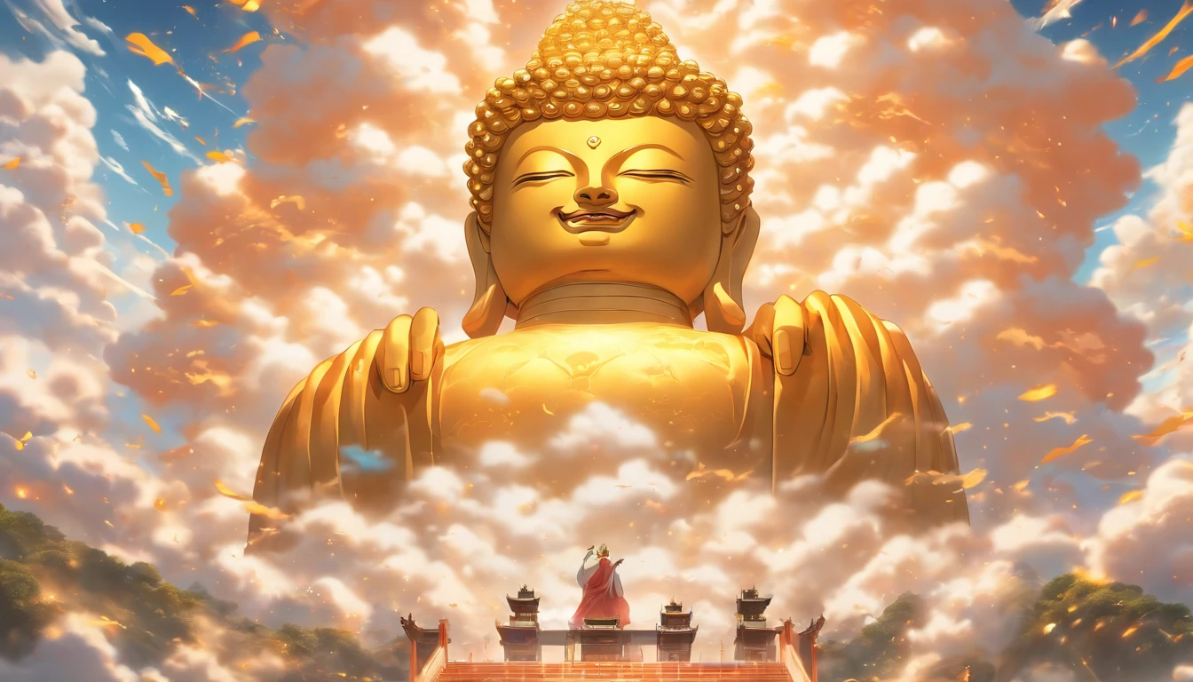 A huge golden Buddha statue rushed into the clouds,Pilgrims on the road,lightsmile,china style,In the distance, surrealism, stereograms, Tachi-e, Atmospheric perspective, hyperphotorealism, Cinematic lighting, God Light, Super Detail, ccurate, Best Quality, masutepiece, 16 K, high details, hight resolution, awardwinning, Super Detail, Anatomically correct