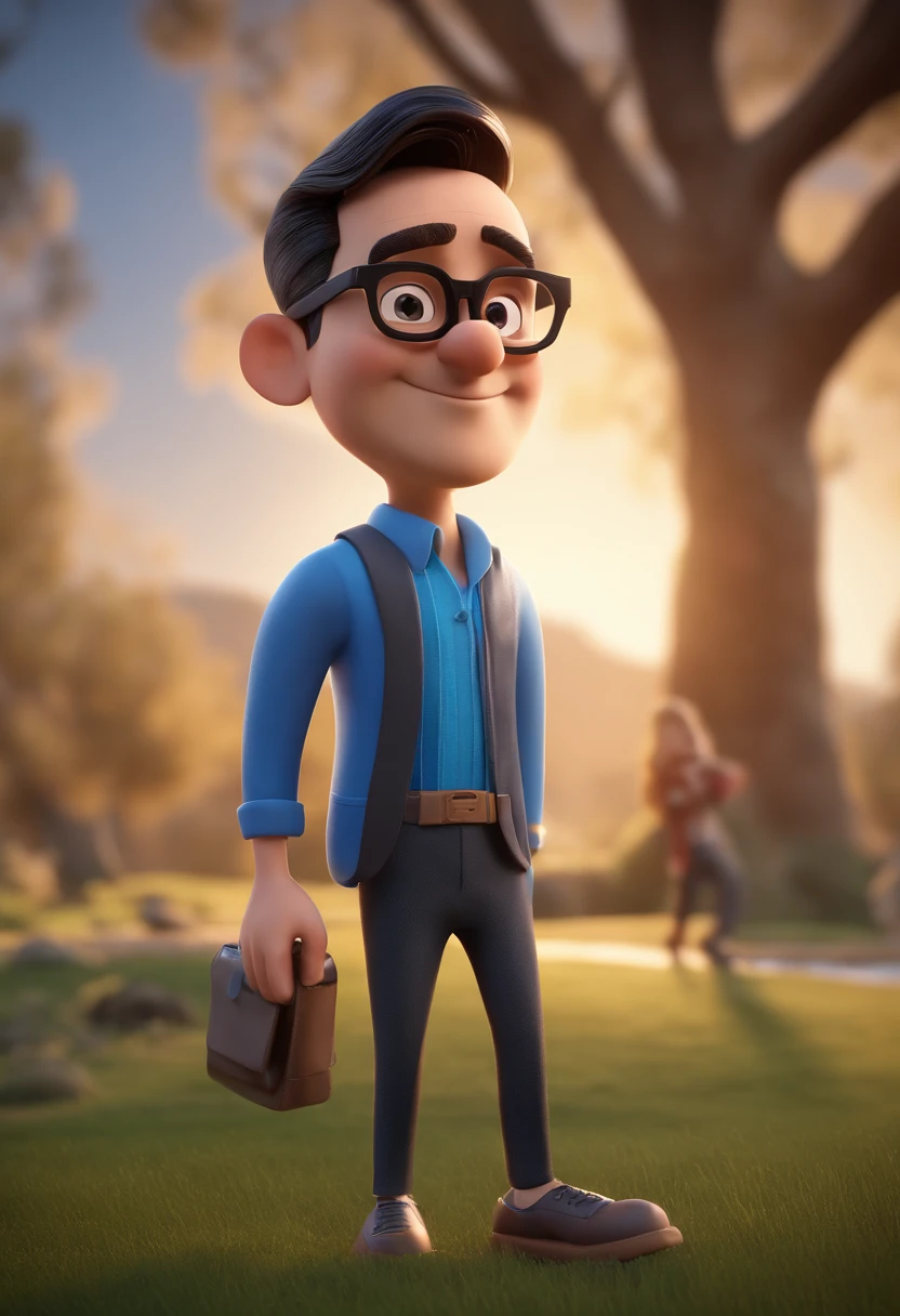 Cartoon character of a man with black glasses and a blue shirt, animation character, Caractere estilizado, animation style rendering, 3D estilizado, Arnold Maya render, 3 d render stylized, toon render keyshot, Personagem 3D, Personagem 3D, 3d rendering stylized, 3 d character render, personagem de desenho animado, Personagem de close up, Pose de personagem,  (Estilo Pixar) (master part:1.2) (Bokeh) (best quality) (pele detalhada) (textura detalhada) (8k) (argila) (Cinematic lighting) (foco nítido