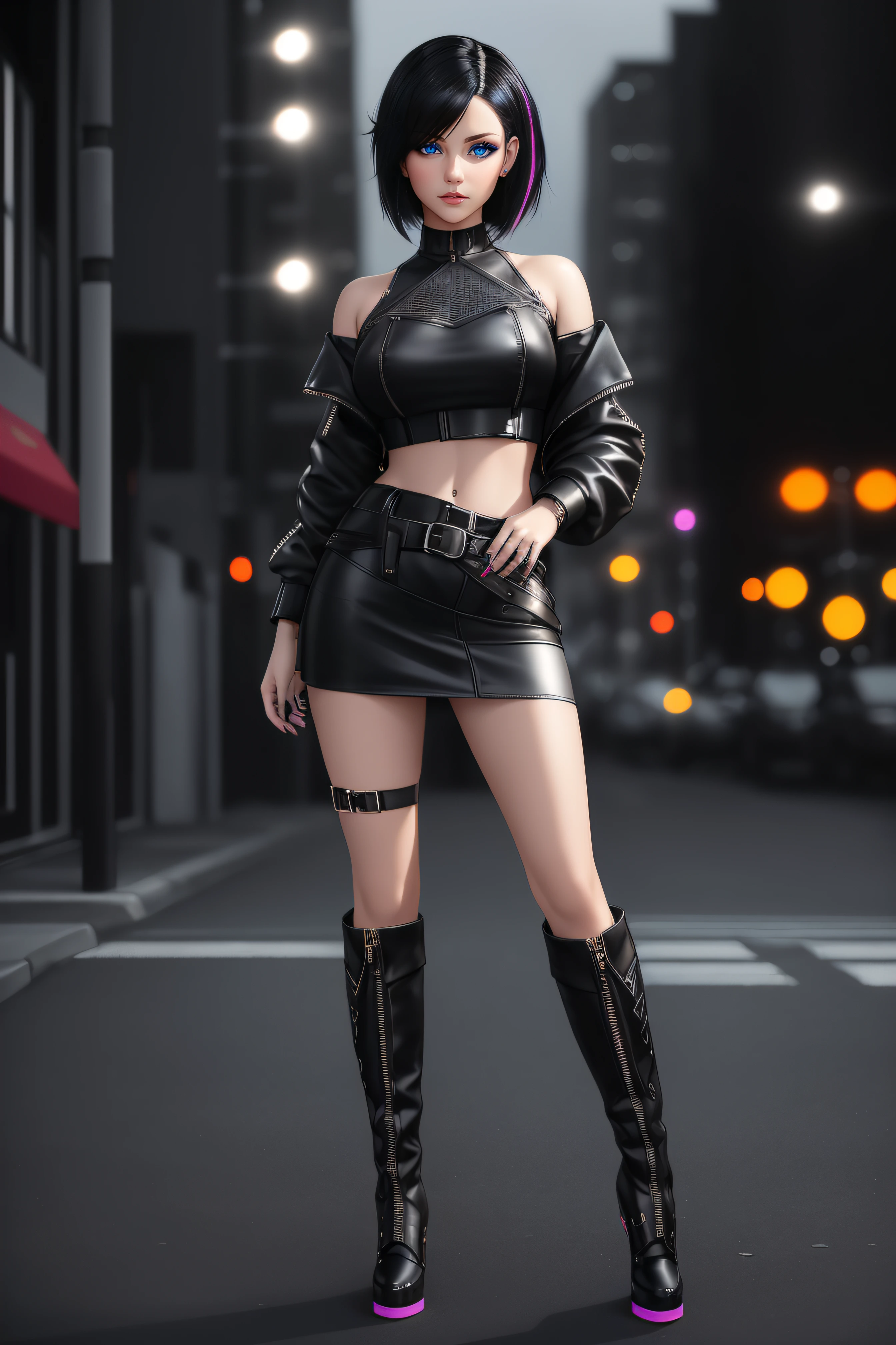 beautiful girl, ((standing:1.4)), (confident gaze:1.1), full body, short bright neon streaked black hair, ((realistic highly detailed eyes:1.4)), ((seductive pose:1.2)), black eyeshadow, (street style wear:1.2), ((short skirt)), ((knee high leather boots)), (dark city night black background:1.4), dark makeup, digital art, trending on artstation, highly detailed, fine detail, intricate, detailed facial features, sharp focus, smooth, aesthetic,