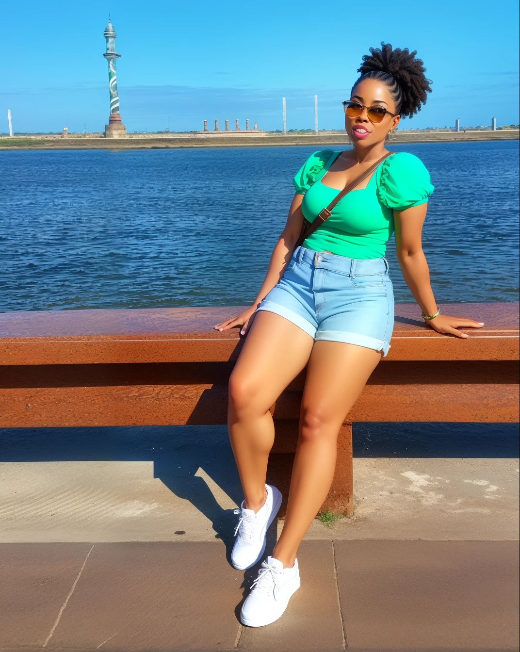 There's a woman sitting on a bench by the water's edge, vestido com um top e shorts, em um dia brilhante, pele bronzeada uma camiseta e shorts, coxas grossas, on seashore, pernas grossas, perto de um cais, Pose casual, standing on a bridge, standing next to water, beautiful city black woman only, Mulher de 30 anos de Cuba
