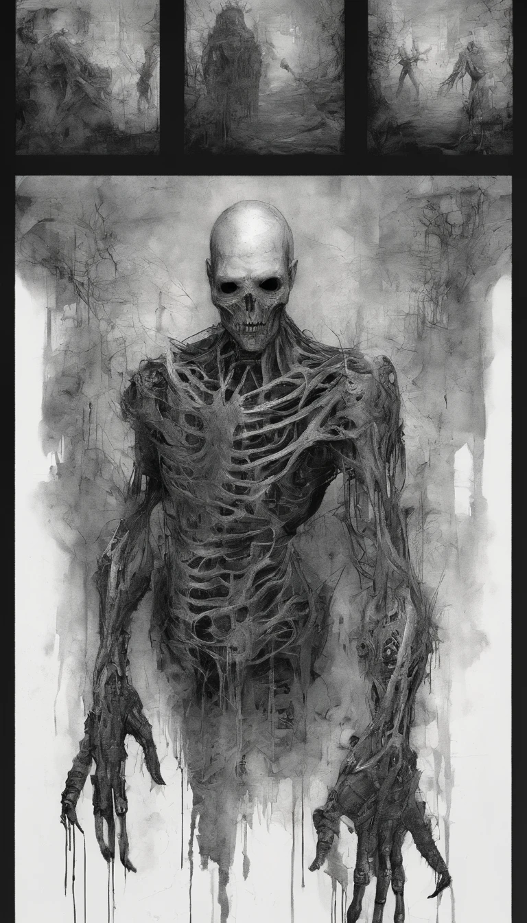 full body image of a five male cyborgs fused and mutated into one monster, Perfect centralization, coelho (franco)de Donnie, Standing position, beleza abstrata, Centrado, looking at the camera, Facing the camera, nearing perfection, triste, desespero, corpo inteiro, hands on her head, Dynamic, altamente detalhado, liso, foco nítido, 8k, high-definition resolution, illustration, arte de Carne Griffiths e Wadim Kashin, fundo branco