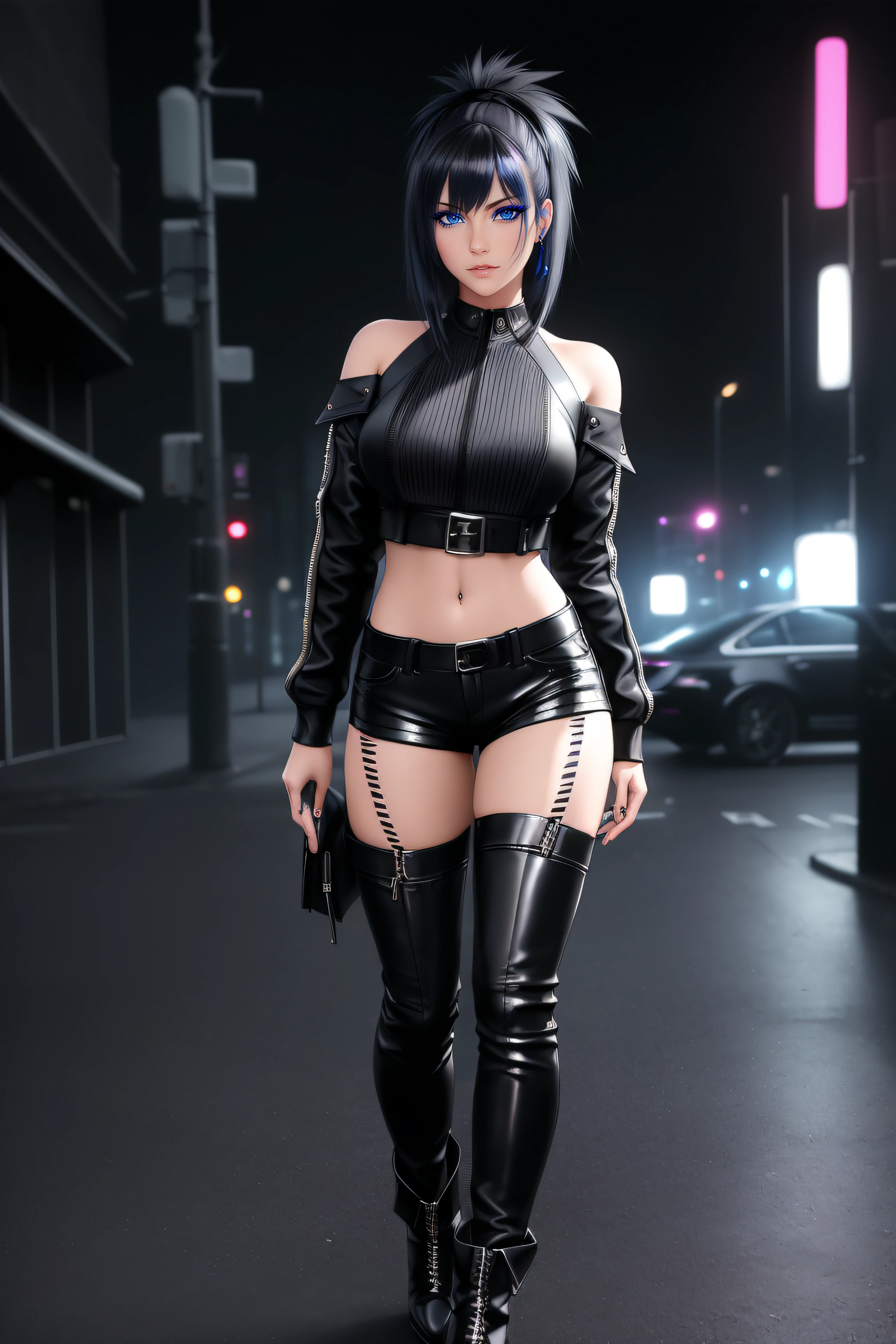 Real Black full-body black rider suit Open zipper on chest Japan person Gentle eyes Face length Long hair to the waist Model style 1 person Female tall Long legs Hair brown Day City Blue sky Black high heels Legs thin Ass not big --auto --s2