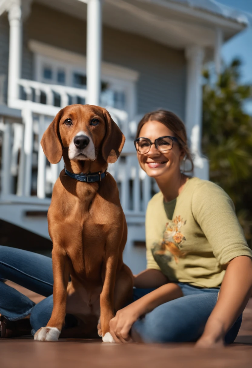 Pixar. Casal com um filhote de cachorro beagle marrom. A menina tem os cabelos loiros amarrados, Camiseta cinza e jeans claro, white glasses. O menino de cabelos pretos com cabelos grisalhos, barba pequena, oculos, Dark blue jeans and gray t-shirt. They are both smiling and are 40 years old