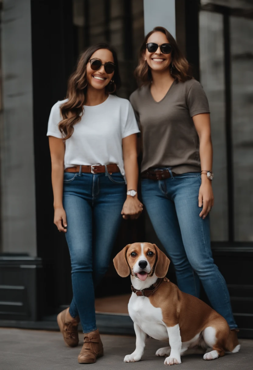 Pixar. Casal com um filhote de cachorro beagle marrom. A menina tem os cabelos loiros amarrados, Camiseta cinza e jeans claro, white glasses. O menino de cabelos pretos com cabelos grisalhos, barba pequena, oculos, Dark blue jeans and gray t-shirt. They are both smiling and are 40 years old