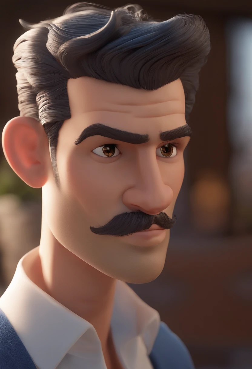 personagem dos desenhos animados de um homem branco com cabelo curto, grisalho e penteado do lado. Sobrancelha suave, e uma camisa azul, animation character, Caractere estilizado, animation style rendering, 3D estilizado, Arnold Maya render, 3 d render stylized, toon render keyshot, Personagem 3D, Personagem 3D, 3d rendering stylized, 3 d character render, personagem de desenho animado, Personagem de close up, Pose de personagem, (Estilo Pixar) (master part:1.2) (Bokeh) (best quality) (pele detalhada) (textura detalhada) (8k) (argila) (Cinematic lighting) (foco nítido