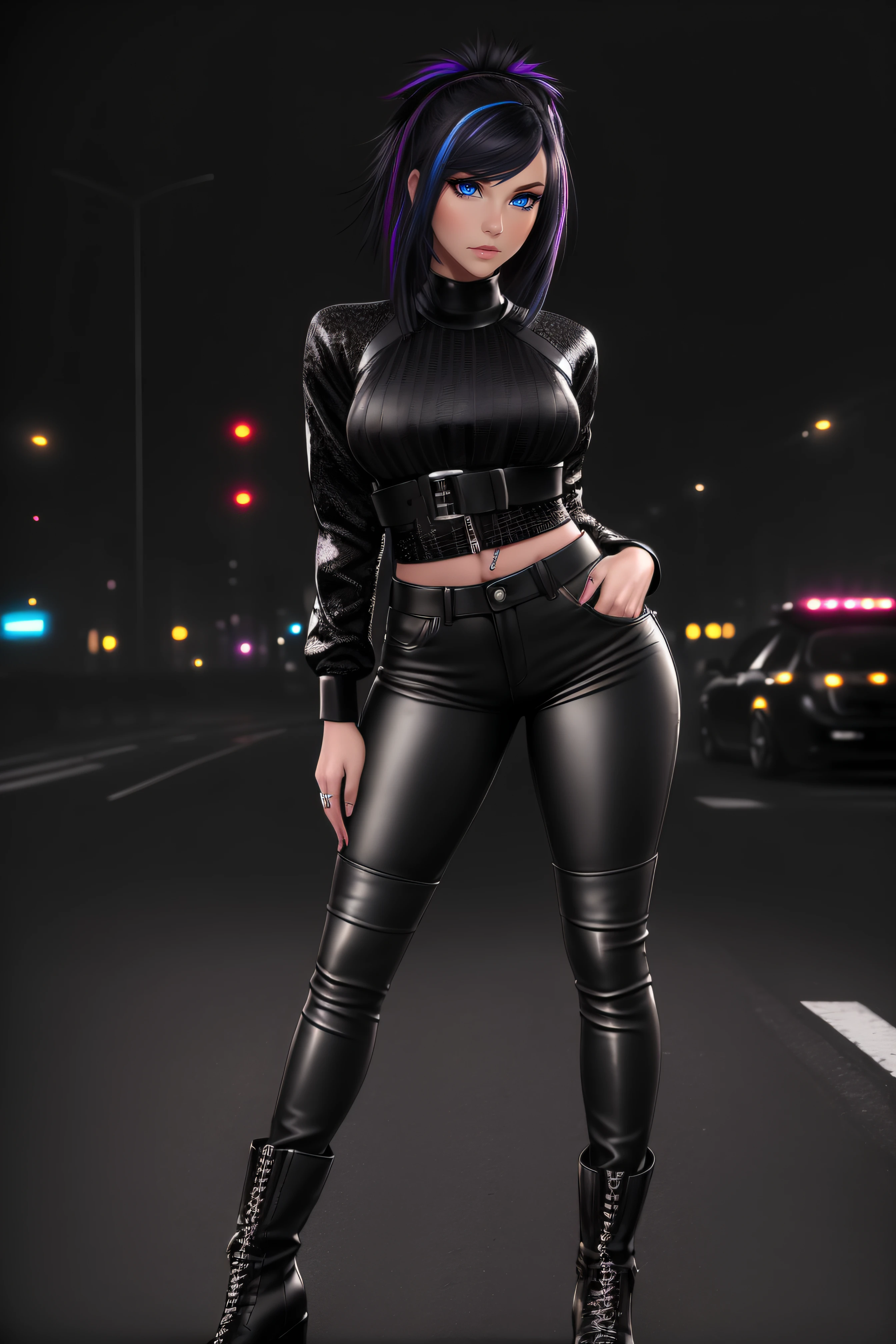 beautiful girl, ((standing:1.4)), (confident gaze:1.1), full body, short bright neon streaked black hair, ((realistic highly detailed eyes:1.4)), ((seductive pose:1.2)), black eyeshadow, (street style wear:1.2), ((tight fitted pants)), ((knee high leather boots)), (dark city night black background:1.4), dark makeup, digital art, trending on artstation, highly detailed, fine detail, intricate, detailed facial features, sharp focus, smooth, aesthetic,