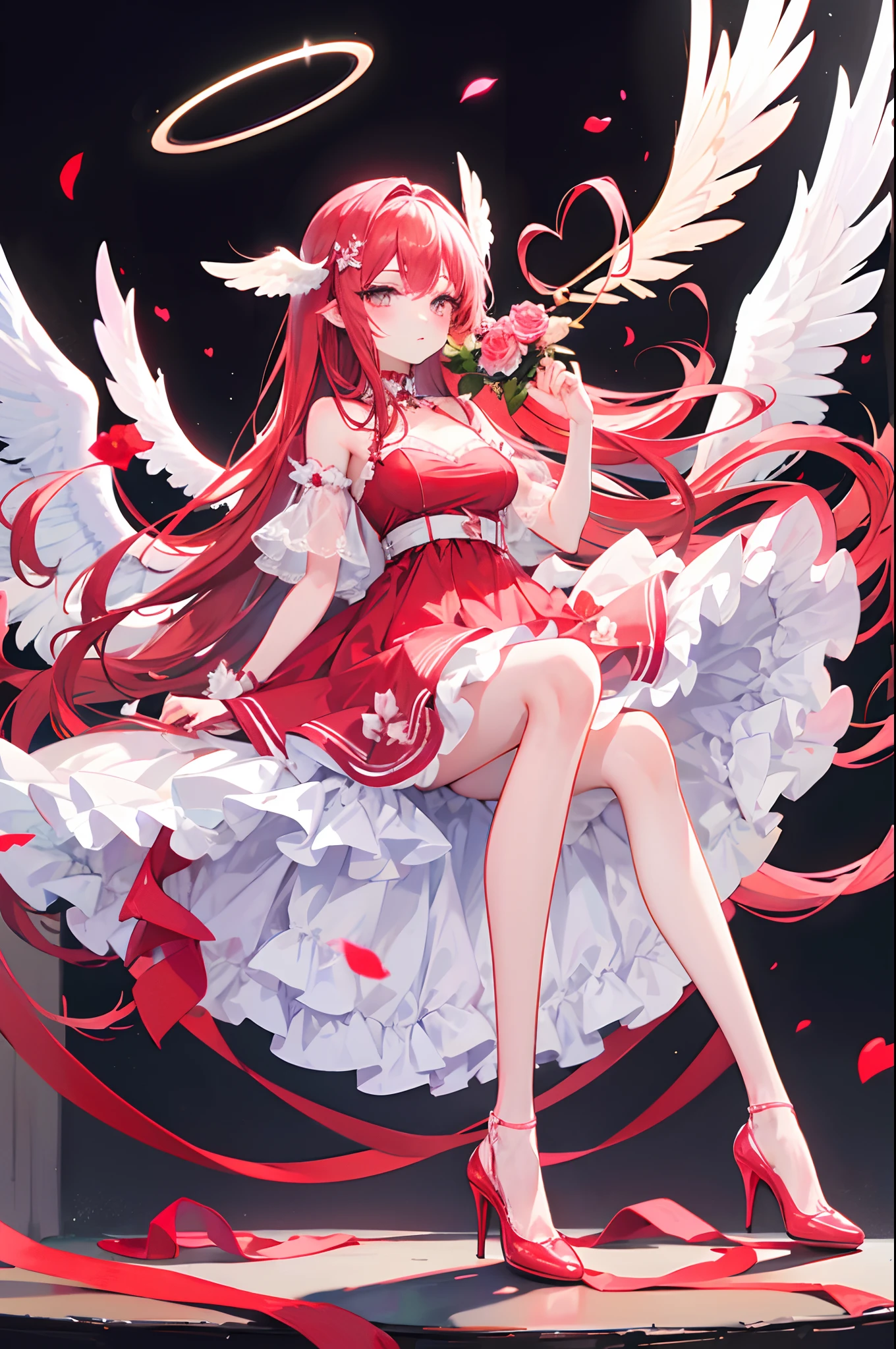 Red medium-long hair, pink dress, Valentine's Day, angel, white wings, halo, holding rose, red high heels