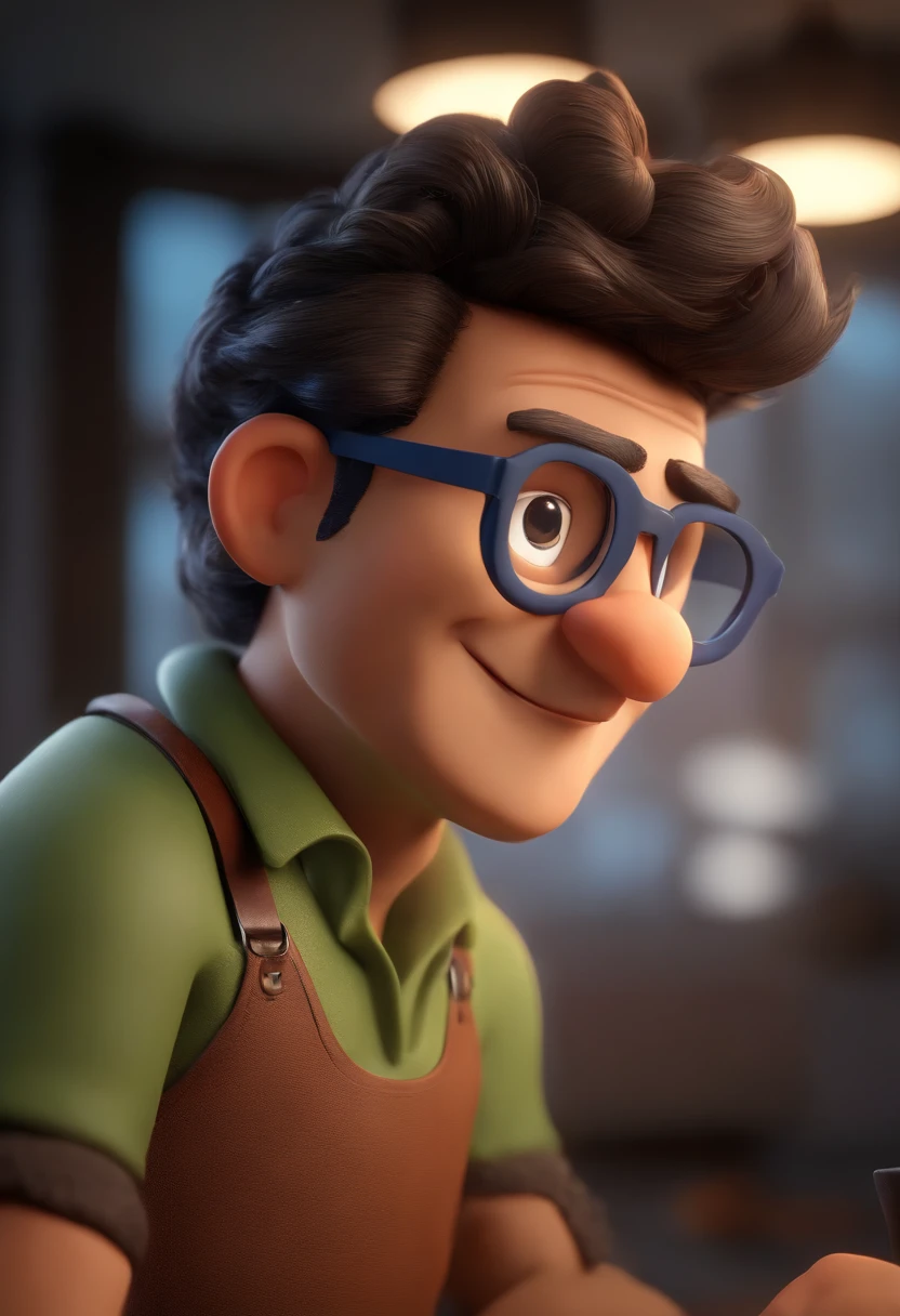 Cartoon character of a man with black glasses, cabelo cacheado marrom escuro e uma camisa azul, animation character, Caractere estilizado, animation style rendering, 3D estilizado, Arnold Maya render, 3 d render stylized, toon render keyshot, Personagem 3D, Personagem 3D, 3d rendering stylized, 3 d character render, personagem de desenho animado, Personagem de close up, Pose de personagem,  (Estilo Pixar) (master part:1.2) (Bokeh) (best quality) (pele detalhada) (textura detalhada) (8k) (argila) (Cinematic lighting) (foco nítido