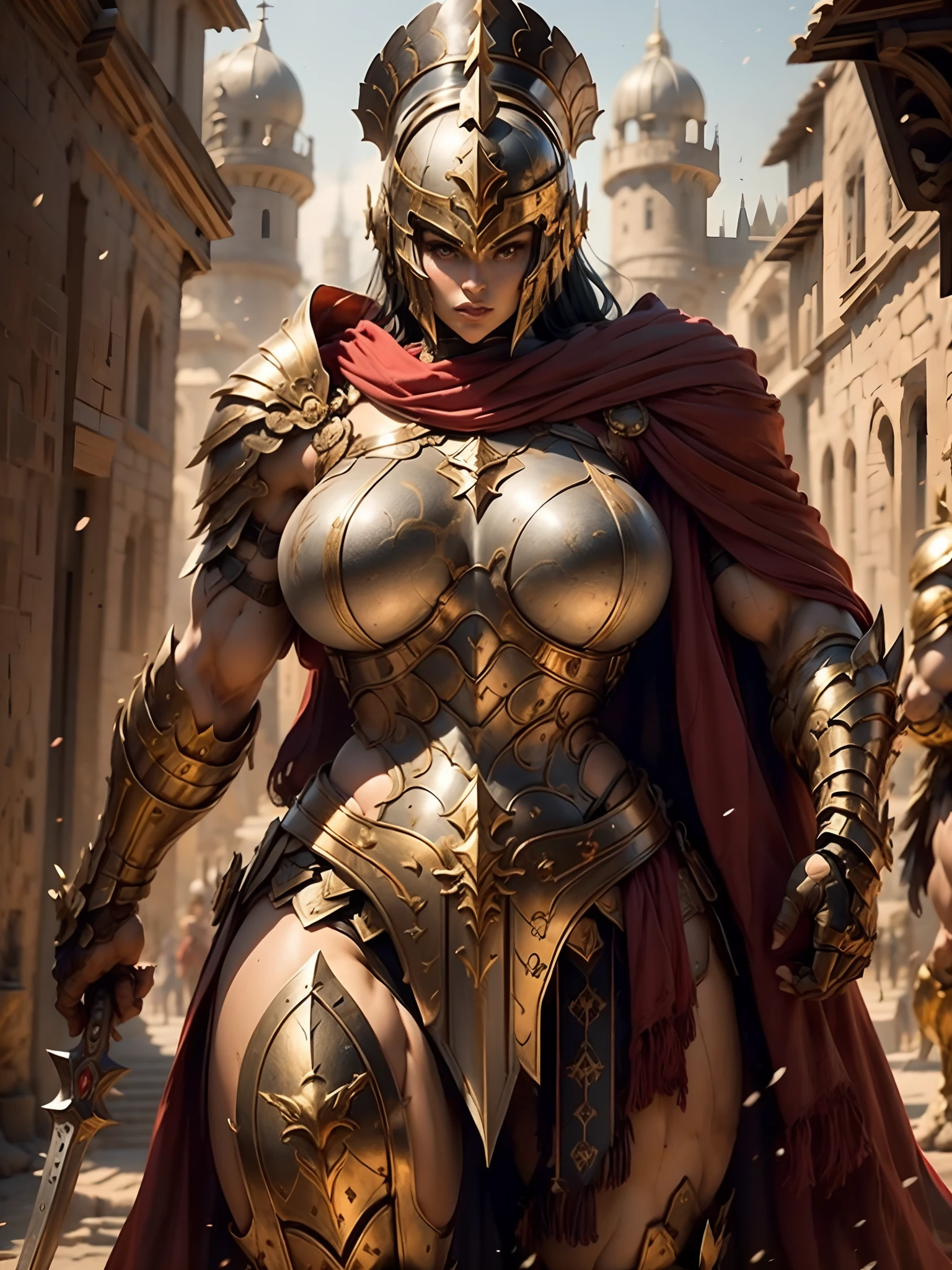 a beautiful golden-greek-armored warrioress, jet-black hair, hoplite helmet, muscular, huge and heavy breasts, looking at viewer, modelshot pose, masterpiece, best quality, 8k, blurred background, medieval fantasy castle in the background