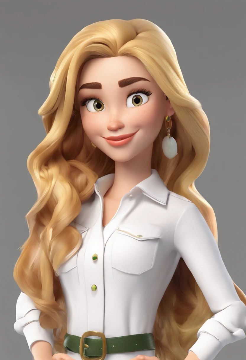 Cartoon character of a nice woman with long hair with blonde highlights, olhos castanhos, e uma camisa branca fria, animation character.