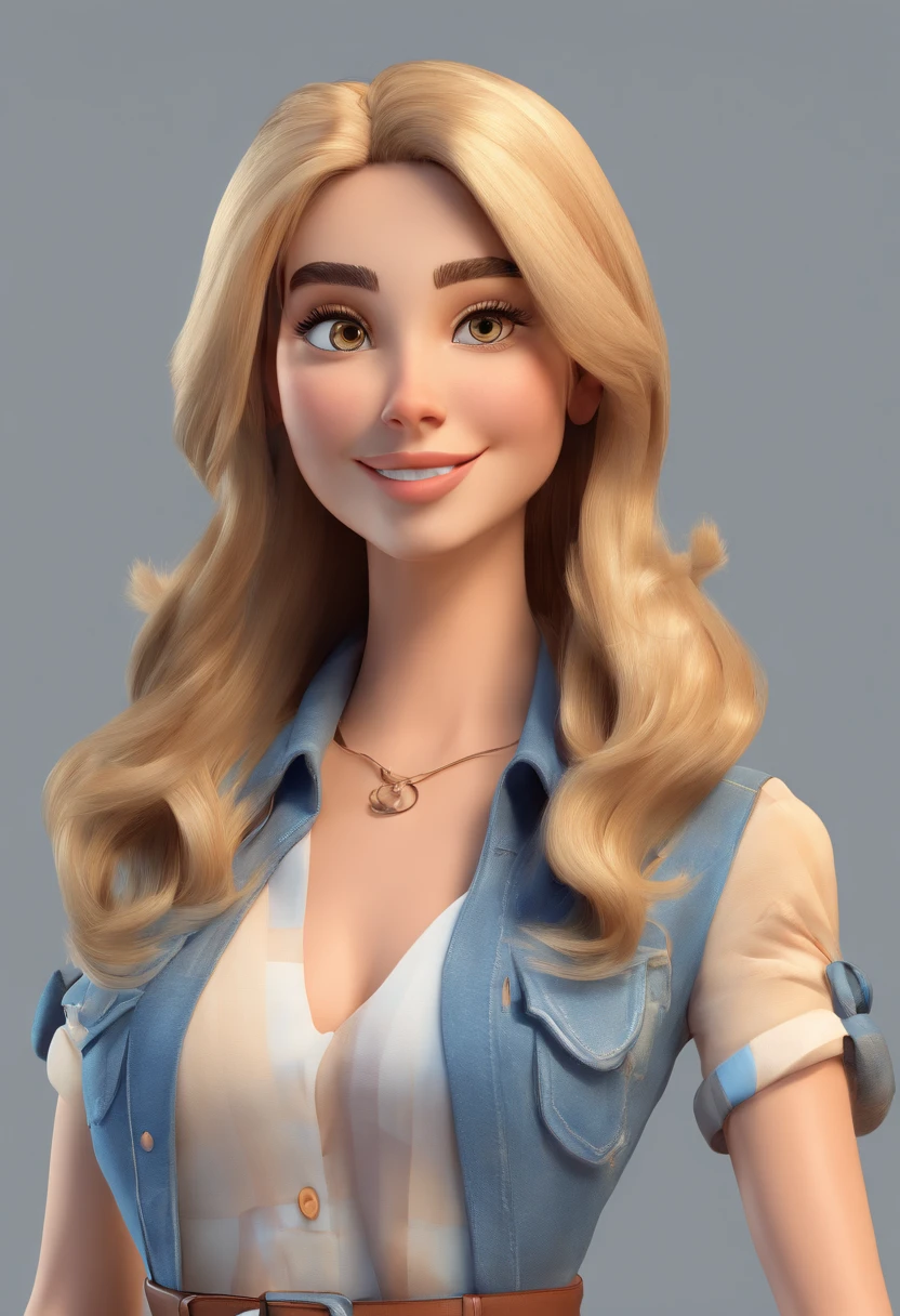 Cartoon character of a nice woman with long hair with blonde highlights, olhos castanhos, e uma camisa branca fria, animation character.