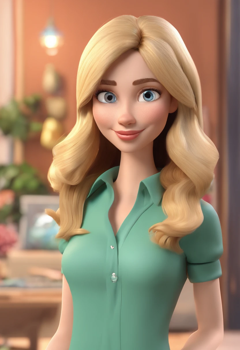 Cartoon character of a nice woman with long hair with blonde highlights, olhos castanhos, e uma camisa branca fria, animation character.