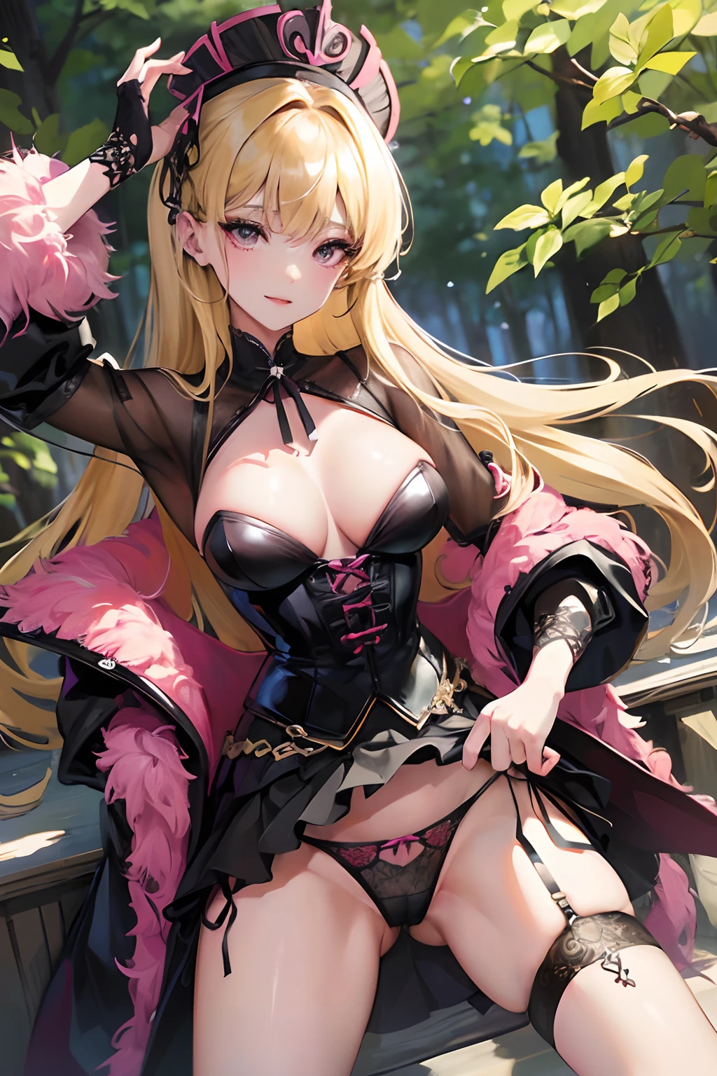 Best quality, Masterpiece, 超高分辨率, Beautiful and aesthetic, deepshadow, Pink theme,(1girll, Smile, (Blonde bangs, hair adornments),beltskirt, Long black tie, Pink skirt, Black corset, Black hair, Long hair, Asymmetrical bangs:1), (String Panties, Low-leg panties, Extra short panties, side-tie panties:1.2), posing elegantly, Evocative atmosphere, Erotic attitudes, magnetic presence, refined seduction, captivating mystique, Intricate zentangle patterns, A single female figure, En plein air, Flowers, parks, astonishinglevelofdetail, generously endowed, Striking perspective, An epic masterpiece, posing elegantly, vibrant color palette, Meaning, Harthand,