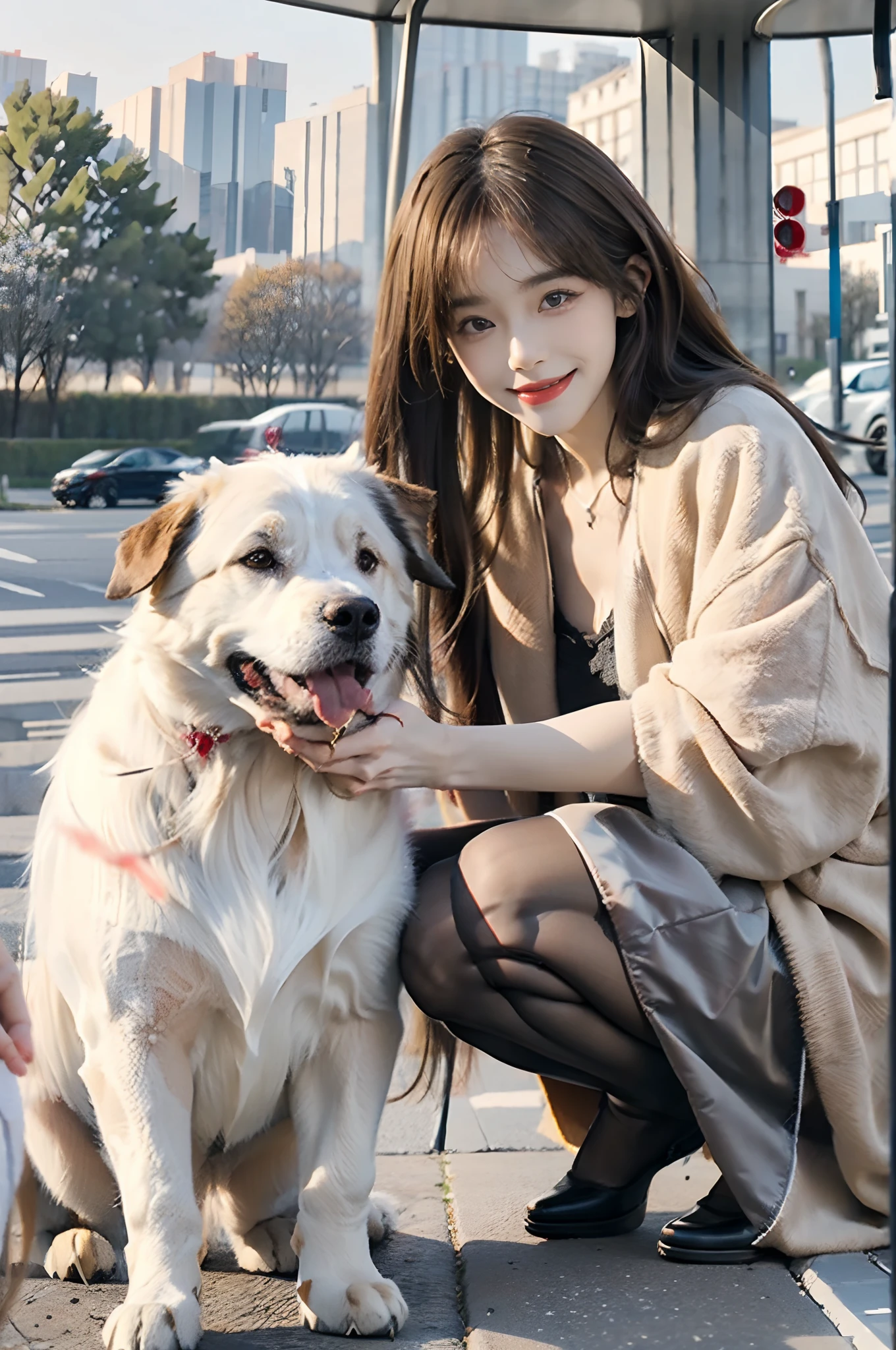 ((top-quality、8K、​masterpiece:1.3))、Full body posture、foco nítido:1.2、(realisitic、Photorealsitic:1.37)、((beautiful smiling face))、Gaze towards the viewer、Beautiful Face Woman、32years old、pointed chest、long eyeslashes、(((Brown pantyhose)))、Colorcon、beutiful breast 、delicated、Very detailed eyes、Highly detailed eyebrows、（Sharp Eyebrows）、（Thin eyebrows）、very vey very detailed face、((Brunette short disheveled hair)),Clothed、Detailed background(8K、​masterpiece、top-quality、Raw foto) 、In front of the Arc de Triomphe in Paris、Luxurious black fur dress、a woman wearing a fur dress, complemented by brown pantyhose can be seen. She stands in a city park, her face lighting up with a warm smile as she crouches down to affectionately stroke a magnificent, elderly Great Pyrenees dog. The dog is a vision of purity, with long, flowing white fur that glistens in the sunlight. Both the woman and the dog radiate happiness and contentment as they engage in a playful, heartwarming interaction, capturing a beautiful moment of companionship.