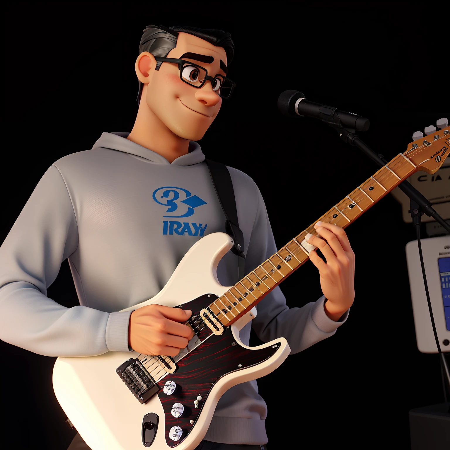 Criar imagem no estilo disney pixar 3d, um homem, 28 anos, Black hair shaved on the side and top of the head, lateral do cabelo preto, cabelo todo preto, calvo, rosto fino, magro, usando oculos , vestindo sueter na cor bege, tocando guitarra eletrica modelo stratocaster cor creme, alta qualidade, melhor qualidade