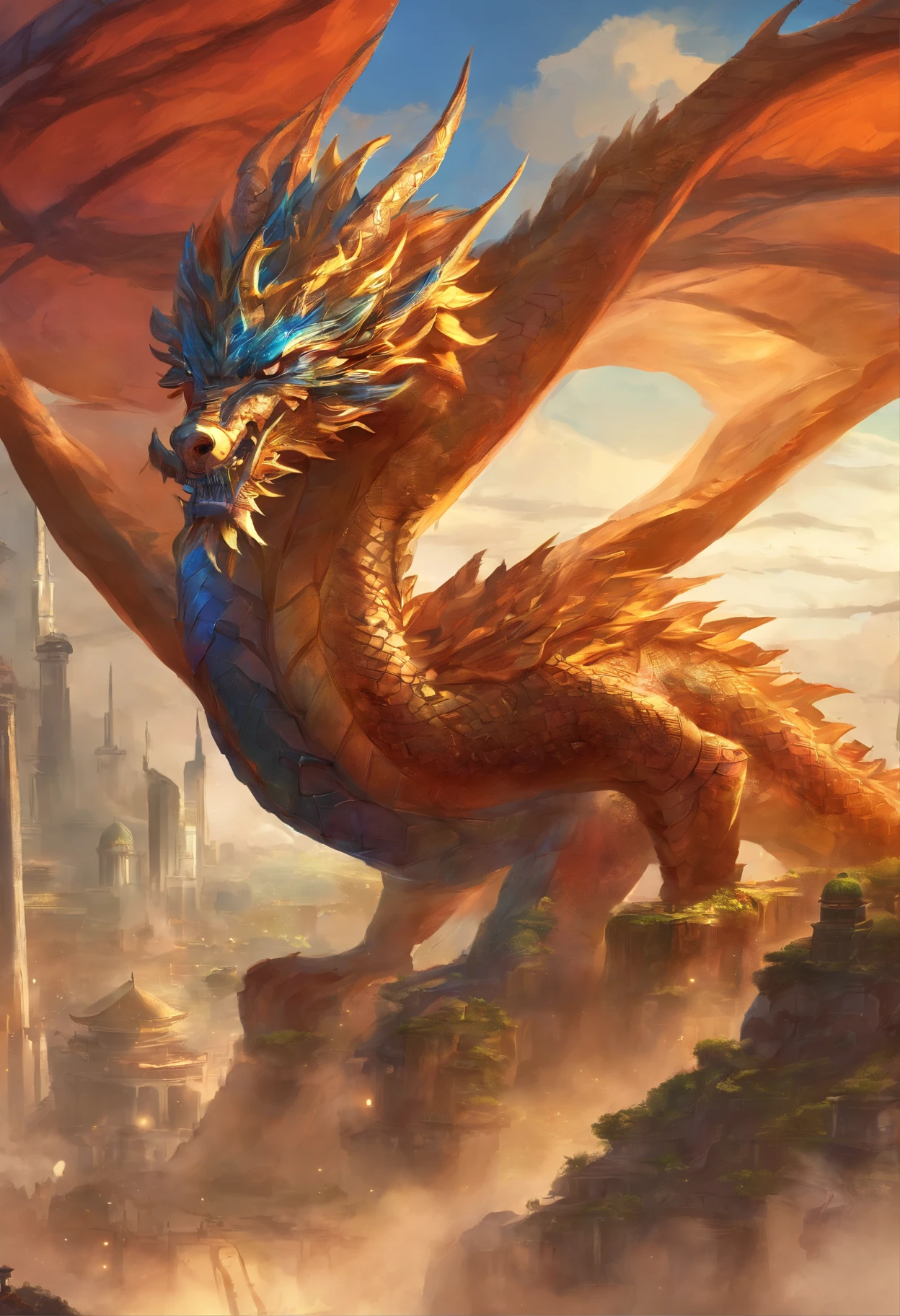 chinesedragon，cyber punk perssonage，Downtown Shanghai，temple，salama，Weave from building to building，Guild wars，realistic lens，super sharp focus，