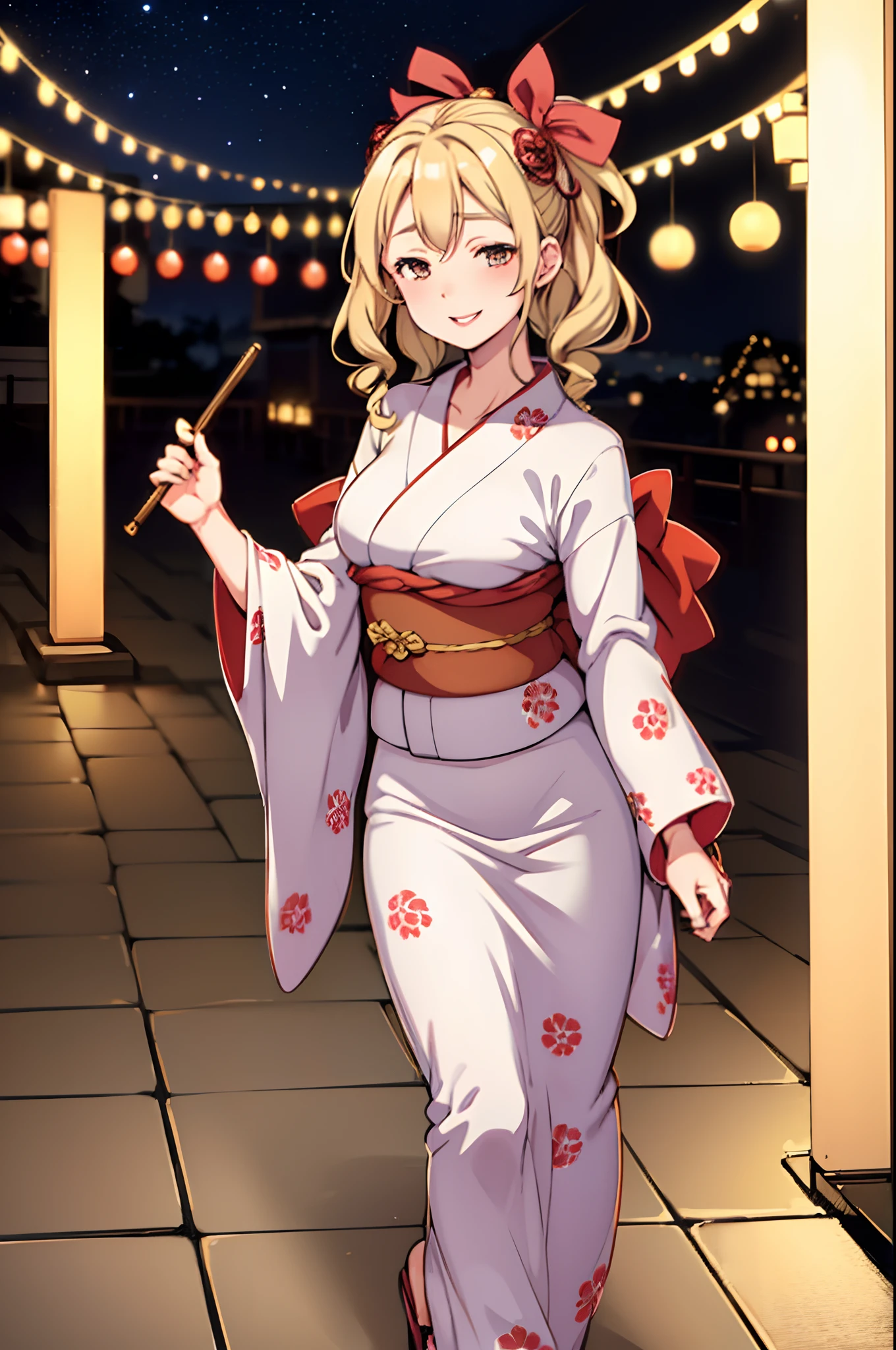 1 woman, (Cute blonde woman, medium hair with ribbon, brown eyes))), cute yukata, walking in festival at night, 8k, smiling, light red lips, starlight