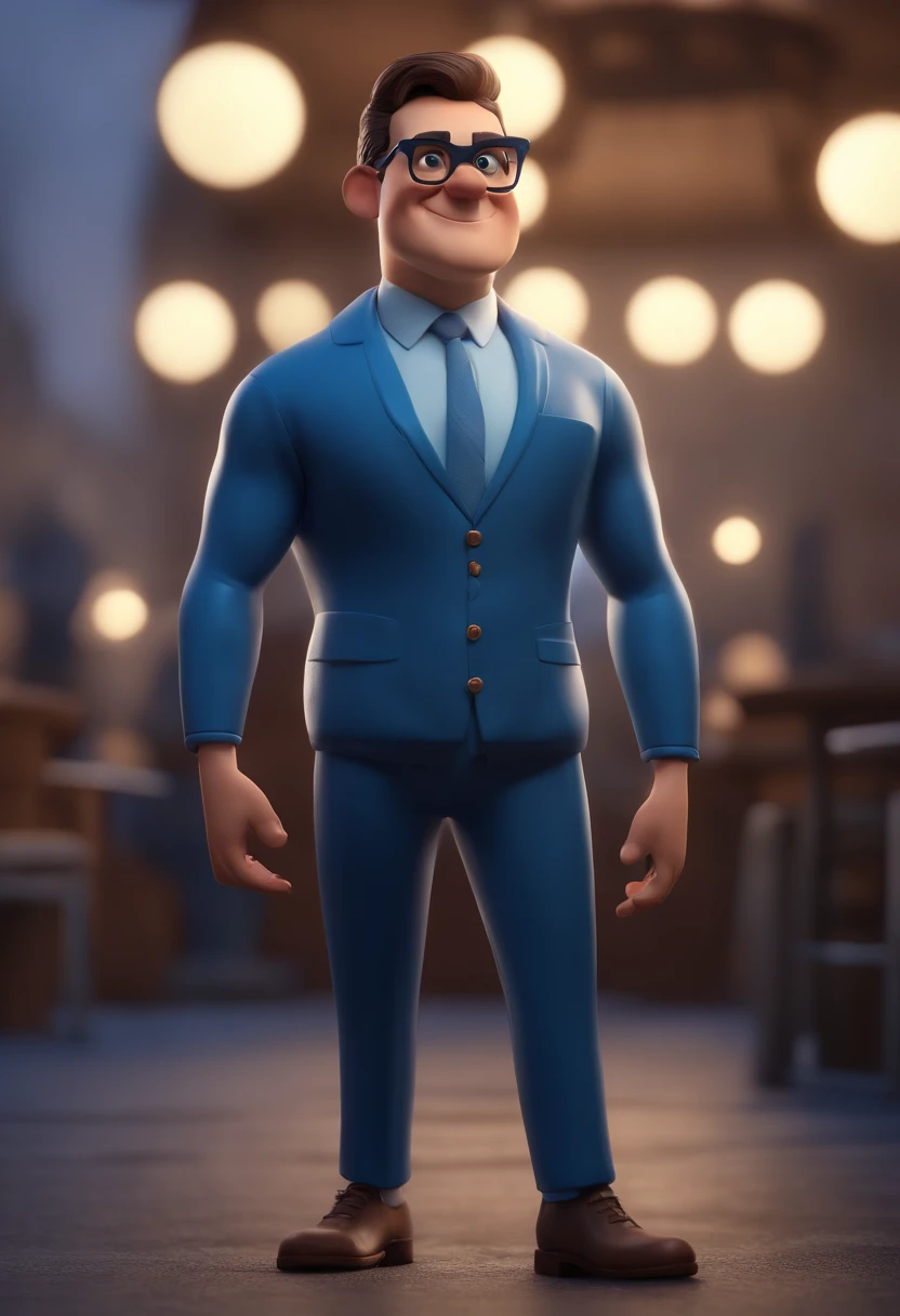 Cartoon character of a man with black glasses and a blue shirt, animation character, Caractere estilizado, animation style rendering, 3D estilizado, Arnold Maya render, 3 d render stylized, toon render keyshot, Personagem 3D, Personagem 3D, 3d rendering stylized, 3 d character render, personagem de desenho animado, Personagem de close up, Pose de personagem, (Estilo Pixar) (master part:1.2) (Bokeh) (best quality) (pele detalhada) (textura detalhada) (8k) (argila) (Cinematic lighting) (foco nítido