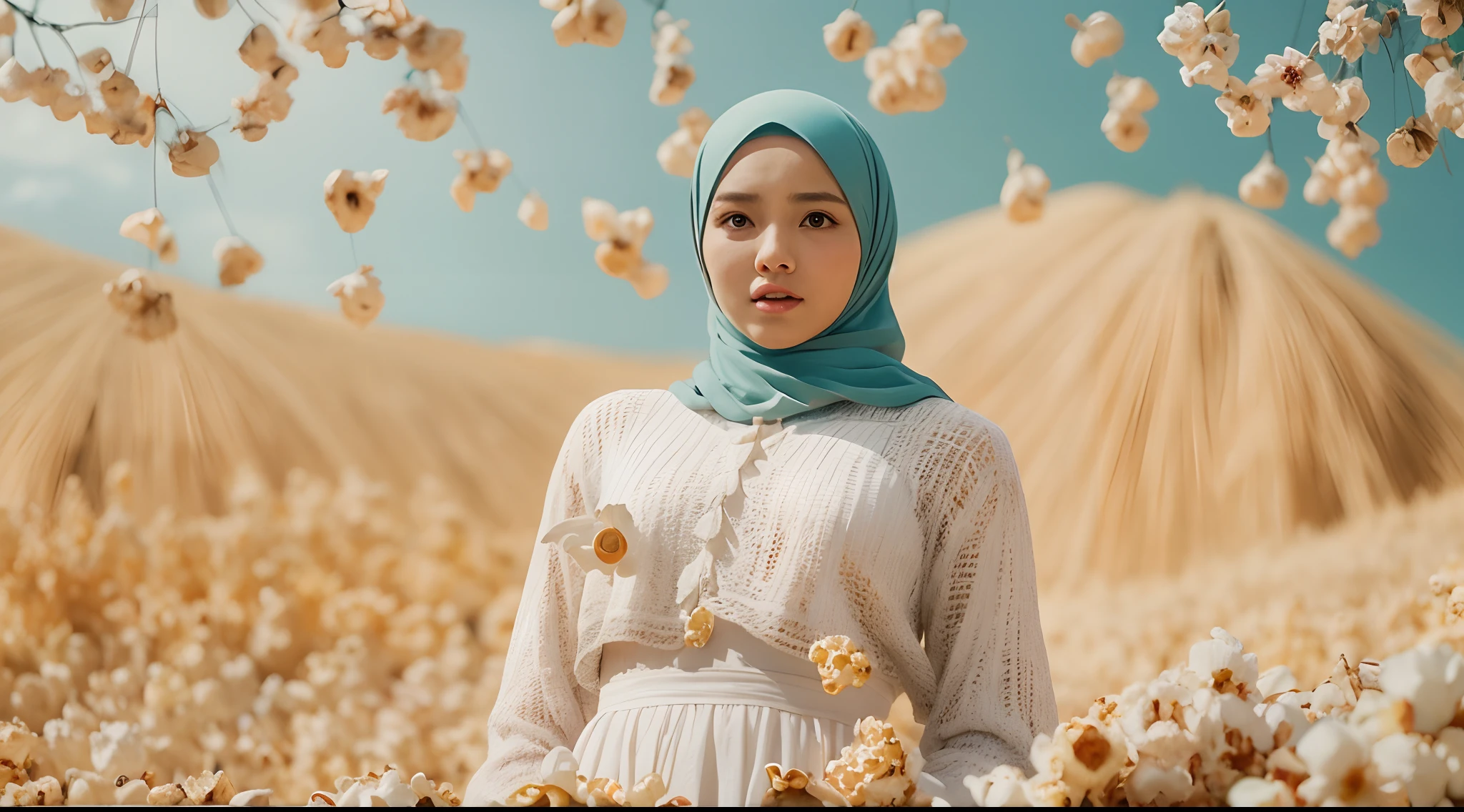 a beautiful malay young woman in hijab, is standing with large popcorn explosion in the background, popcorn flying in the air, in the style of mid sommar, fanciful, natural landscape , dreamlike imagery, captivating documentary photos, flowing fabrics, disintegrated, intricate, style raw, in the style of Grand Budapest Hotel directed by Wes Anderson , low saturation, Super 8mm lens, Extreme close-up, High Contrast cinematography effect, Natural Lighting, Desaturate color grading, high quality, ultra detail, 8k resolution,