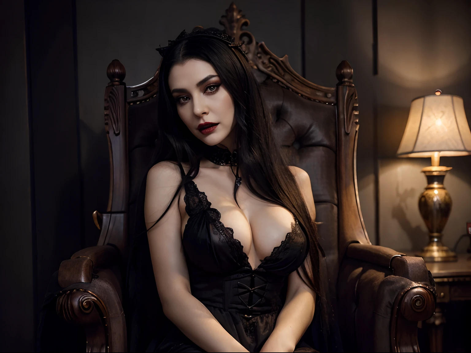 a detailed photograph of a beautiful but scary vampire queen sitting upon an ornate wooden throne, long black hair, red eyes,heavy Goth make up,deep purple lipstick, her mouth open slightly revealing fangs, ethereal, high resolution, dynamic lighting, long sheer black lace dress plunged to waist, perfect hands,perfect body,perfect waist,perfect arms,perfect legs,perfect hips,volumetric lighting,cinematic