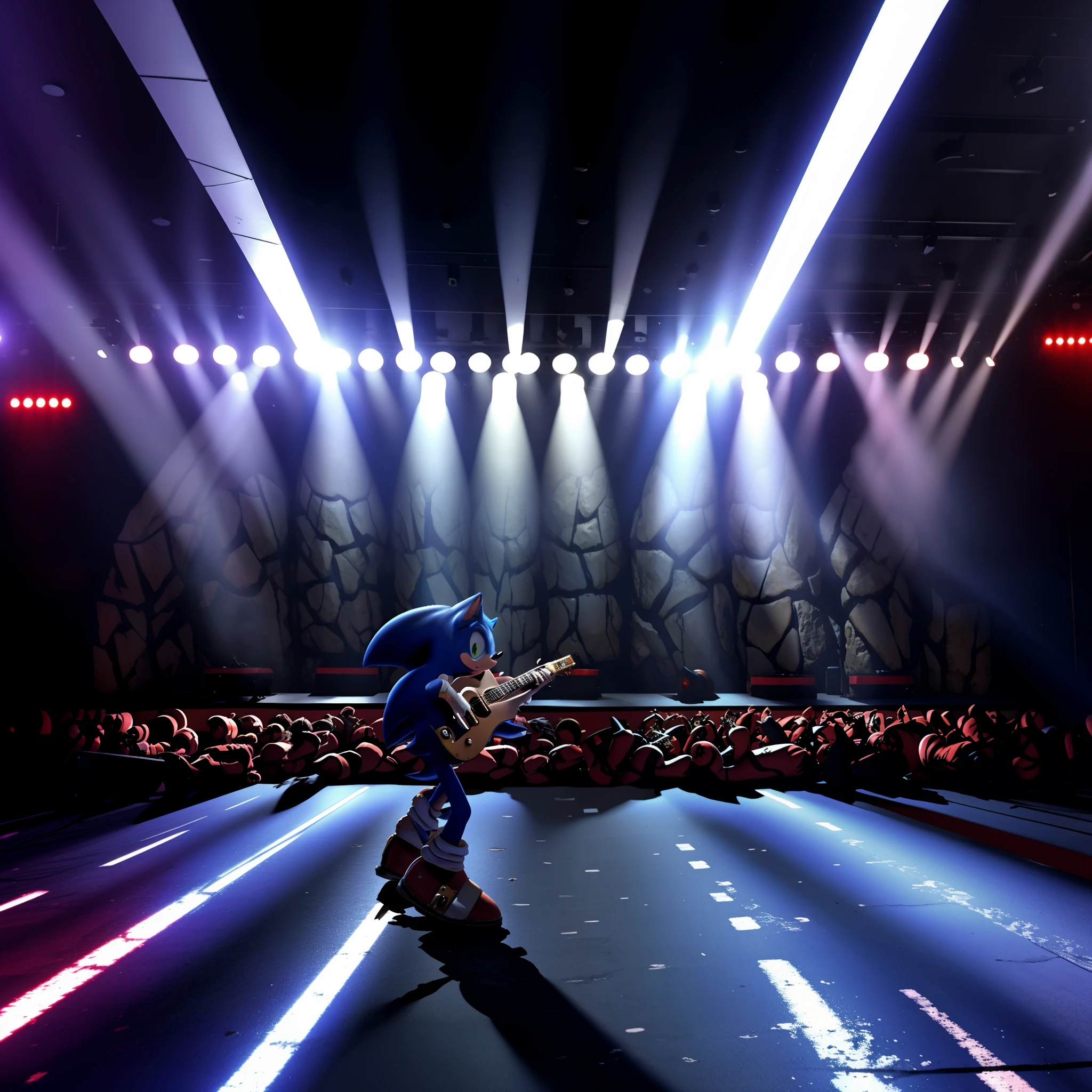 basesonic, Sonic The Hedgehog playing a guitar in a rock band stage, front view, looking at viewer, giant speakers, stage, lights, detailed background,