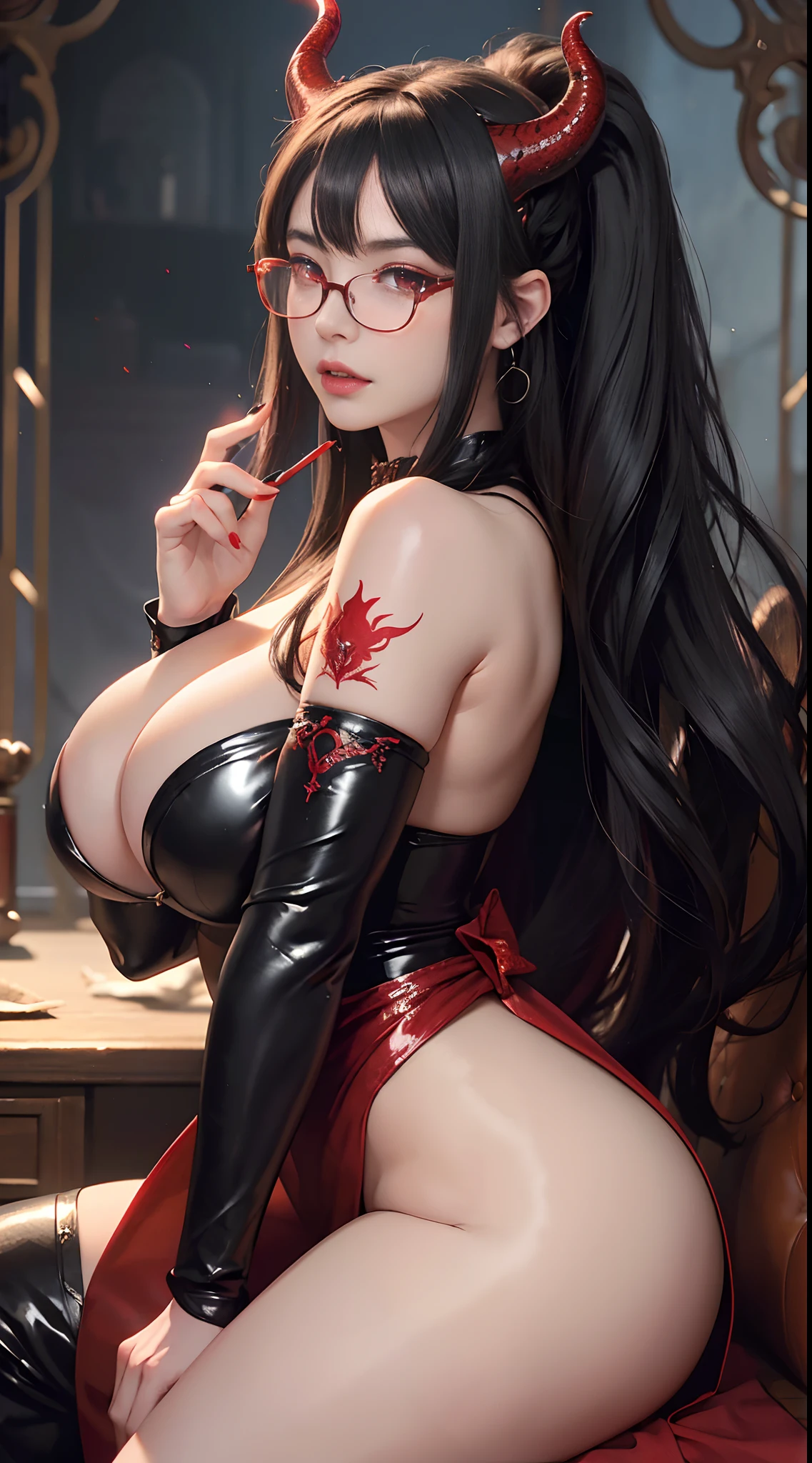 Fine、(The best illustrations)、8k UHD resolution、intricate-detail、top-quality、realisitic、ultra-detailliert、The best lighting、Best Shadows、Soft lighting、Ulutra HD、Ultra-realistic、Tindall Effect、Photorealsitic、(High Detail Skins:1.2)、 (Intricate details, makeup, pureerosface_v1:0.5), (Detailed beautiful delicate face, Detailed beautiful delicate eyes, A perfectly proportioned face, High detailed skin, Detailed skin, best ratio four finger and one thumb, arms below breasts, Tattoo with a red glow under the stomach、Awesome awesome, wide hips, smooth midriff, skiny and thin, __Fashion__, __hair__:1.25)、Digital SLR、 absurderes、1 beautiful devil woman from hell, surreal female portraits by David Hockney and Alphonse Mucha, Portrait of a seductive woman、Fantasy Art, Chinese Doll、Chinese actress、Dungeon、The dragon、Devil's Palace、Devil's Torture Chamber、natta、Dark style 、In the Dark、(Detailed spooky backgrounds:0.8), magia、 1人、Evil Nun、Dark Necromancer、Succubus、Devil's Daughter、Umi Shinonome、Bat Wings,(((Demon Horns)))、 ((((Huge glasses, Otaku Glasses, thick glasses, Round glasses)))),(((Colossal tits)))、(Devil's Tail)、(red eyes glowing:1.6)、red eyes make up very sharp and detailed, The eyes are very well made up, ((Red Eye:1.0)),intricate tattoos, demonic intricate tattoos, thigh tattoos, body tattoos, masterpiece、The most beautiful face、a baby face、Charming smile、plump beautiful red lips、Muscular seductive body、The enchanting body of the devil、devil style、Seductive Black Magic Costume、(((A shiny red snake is wrapped around her body)))、The long-haired、Braids、Black hair、Ponytail distortion、, Ponytail with a bow tied at the back of the hair, Beautiful expression、Body Up、Large breasts emphasis、Bust, Super tight breasts, Breast augmentation surgery, The breasts are very big and round and round,Toned waist、Wide buttocks、 lowkey, cowboy lens, (Black Phoenix Dress: 1.0), devil crown, Red sparkling gemstone necklace、Jewelry Gwise, wearing black mesh socks,wearing a thin red a