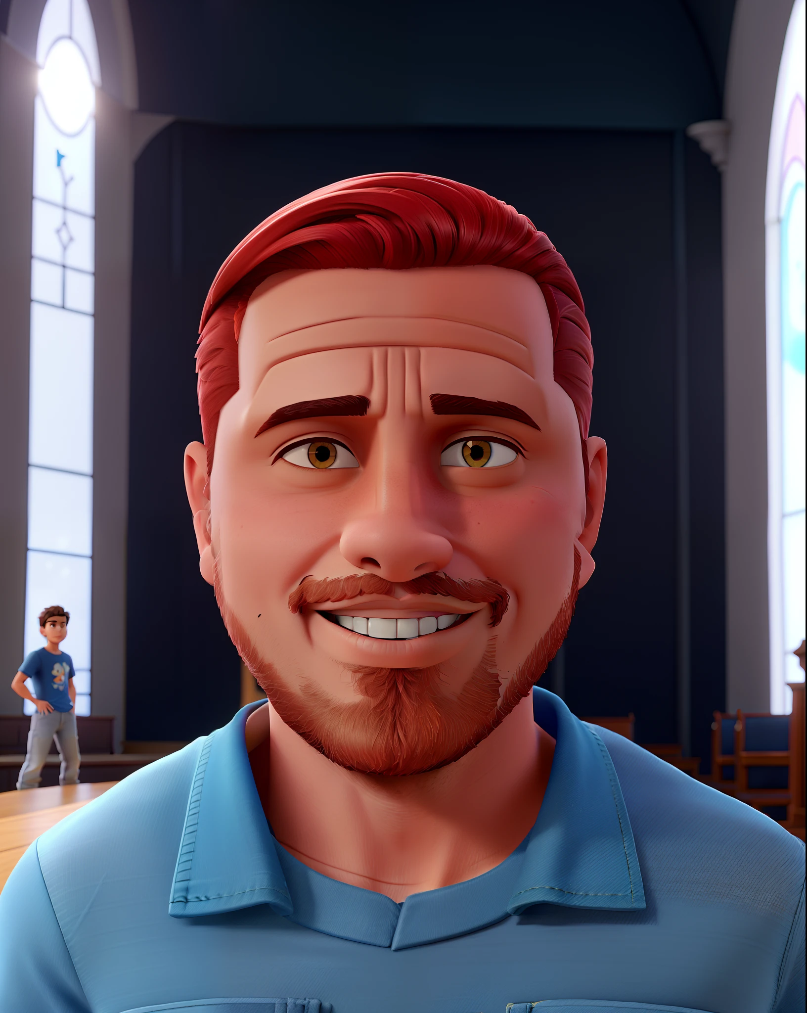 Um homem moreno, cabelo estilo Alexandre Pires, baixista, com contra-baixo, camiseta preta, Denim Jeans Pants, sneakers Vans, with the background of a church stage with the text "IZAAC ALVES" Disney Pixar 3d model