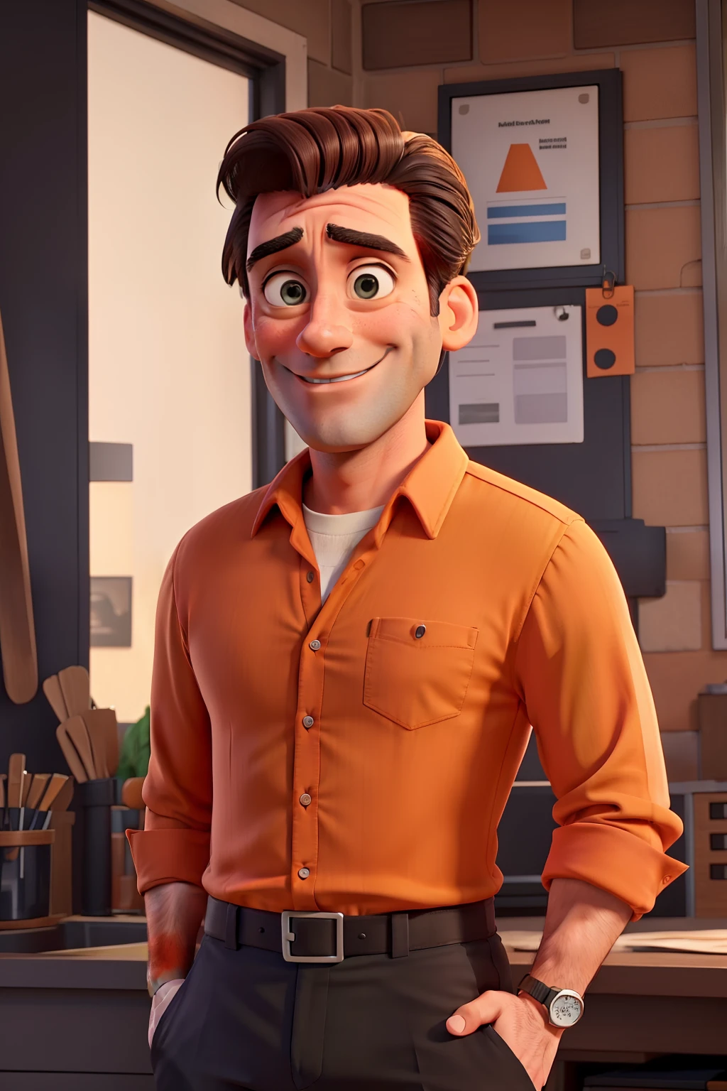 Jon Hamm dressed in an orange shirt and black pants, sorrindo e apontando para o lado com o dedo indicador