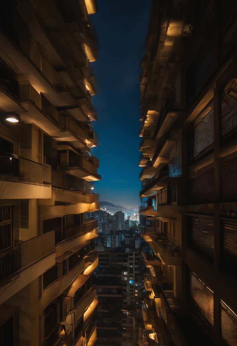 Cidade de Kowloon、beco dos fundos、solo molhado、Pipes、duto、electrical wires、Tabuleta、Ao ar livre, dia, fundo simples, Blue open sky, cabelo curto, uma menina、uma menina da beleza、heaven, olhando para os espectadores, escada, Moody Lighting,