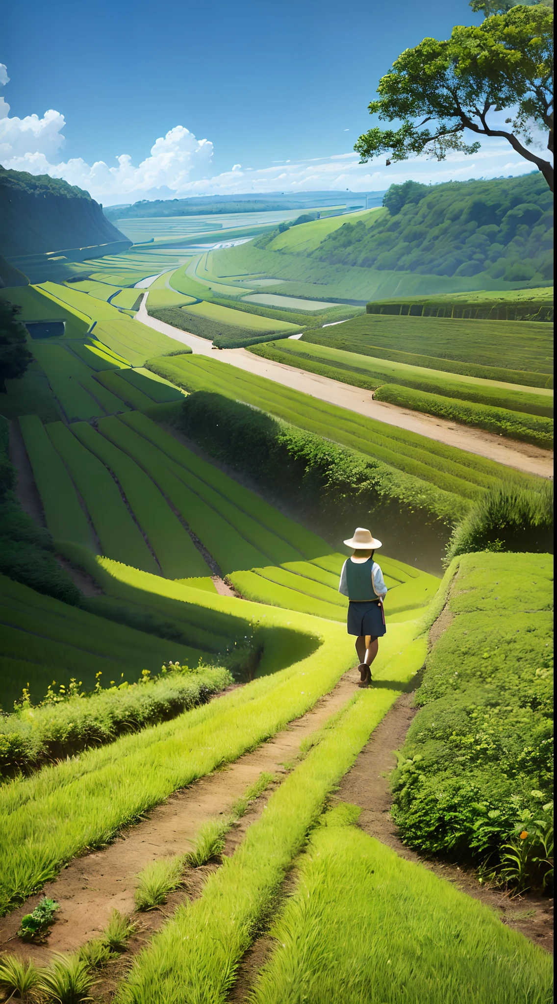 An old farmer carrying a flat burden, walking on the winding path of the countryside, big clouds, blue sky, rice fields, neat rice seedlings in the field, forest, hillside, secluded, countryside, HD detail, hyper-detail, cinematic, surrealism, soft light, deep field focus bokeh, ray tracing and surrealism. --v6
