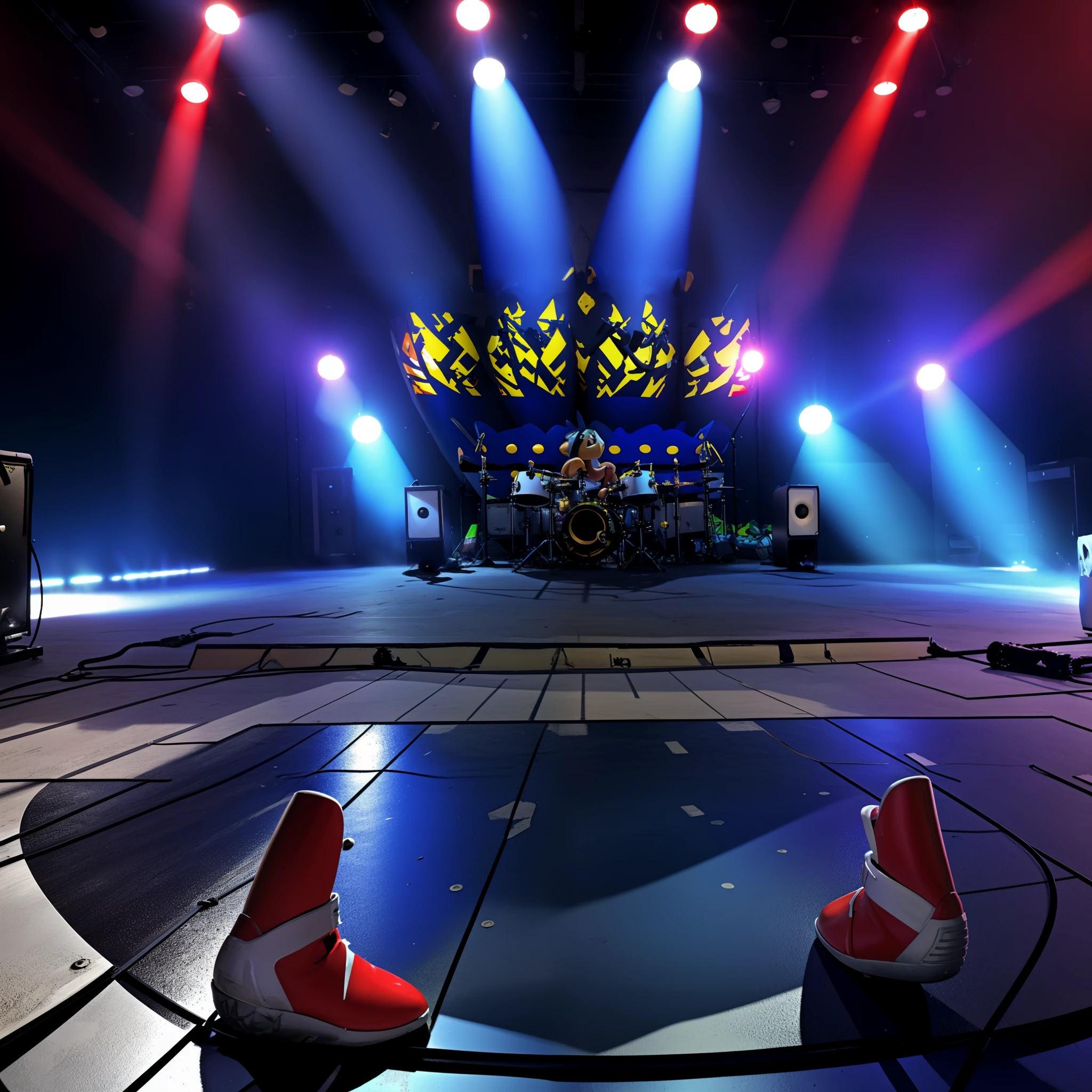 basesonic, Sonic The Hedgehog playing a guitar in a rock band stage, front view, looking at viewer, giant speakers, stage, lights, detailed background,