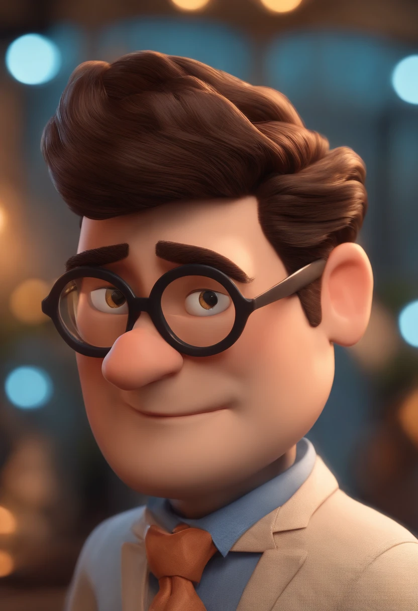 Cartoon character of a man wearing black glasses and a blue shirt, um personagem animado, Caractere estilizado, animation style rendering, 3D estilizado, Arnold Maya render, 3 d render stylized, toon render keyshot, Personagem 3D, Personagem 3D, 3d rendering stylized, 3 d character render, personagem de desenho animado, Personagem de close up, Pose de personagem, (Estilo Pixar) (master part:1.2) (Bokeh) (best quality) (pele detalhada) (textura detalhada) (8k) (argila) (Cinematic lighting) (foco nítido,Senta e vaza a parte superior do corpo