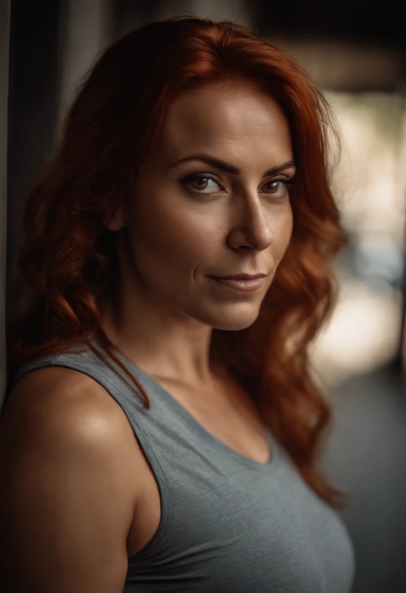 Very pretty 35 year old girl with reddish hair in a t-shirt looking directly at the camera, facciones venezolana