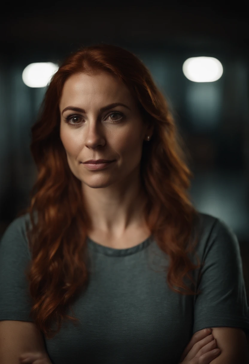 Very pretty 35 year old girl with reddish hair in a t-shirt looking directly at the camera, facciones venezolana