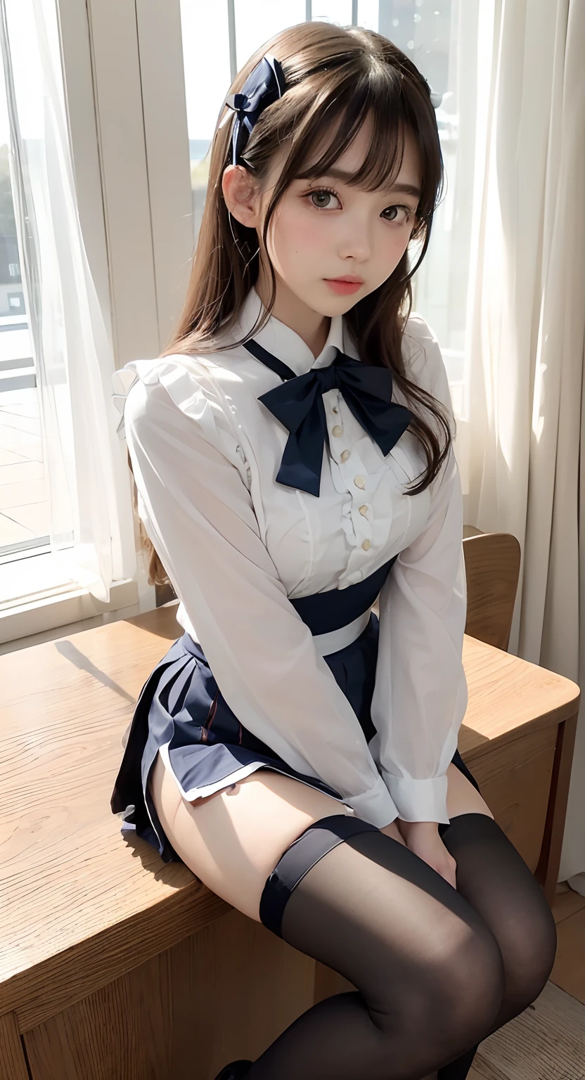 (((Kamimei、Jumping、Mouth ajar))),(((((pencil skirts、Black stockings、Navy blue recruit suit and skirt、White ruffled blouse with ribbon、high-heels、raise her legs))))),((In the office、In the company、In the reception room、frombelow))、masutepiece, 1girl in, best qualtiy, Ultra Detail, (shiny), (Small)、(((with blush cheeks,))),Ray tracing,Perfect Lighting, (milky skin:1.2),reflection,  up looking_で_viewer, blush, bow ribbon, Medium Curl Hair、yellow_Eyes, White choker, Low_Twin-tailed、Japan's cutest 28-year-old beautiful girl、Small ribbons in the hair