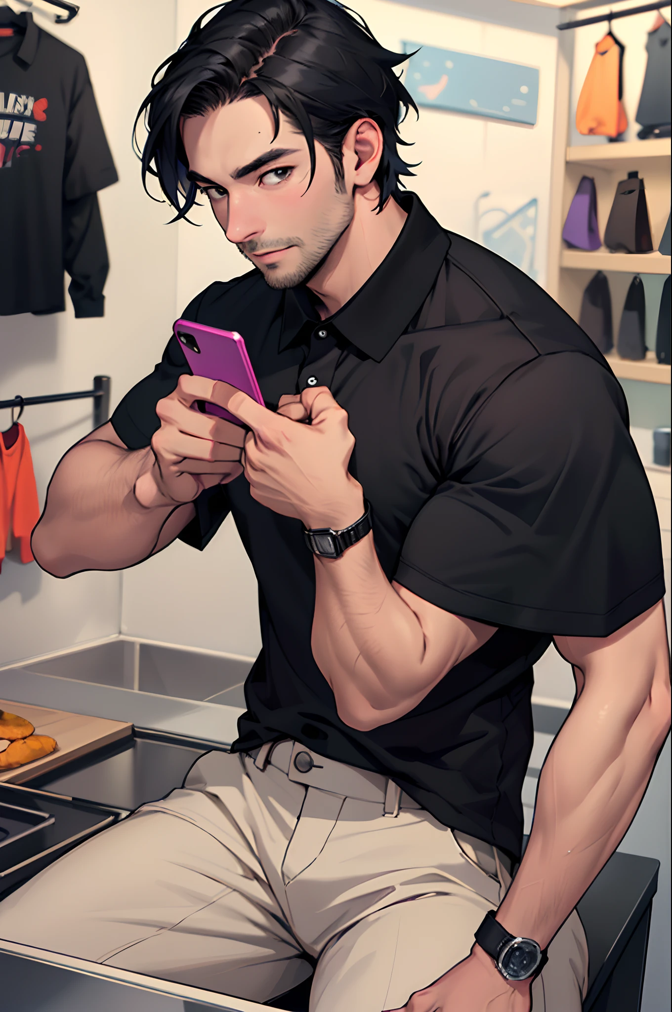 Loja no estilo Disney pixar, alta qualidade, melhor qualidade, homem sexy oriental, 30 years old medium straight black hair, musculoso, with background in an accessories store using the base image, The man wears a black polo shirt and is sitting behind the countertop with his cell phone in his hand