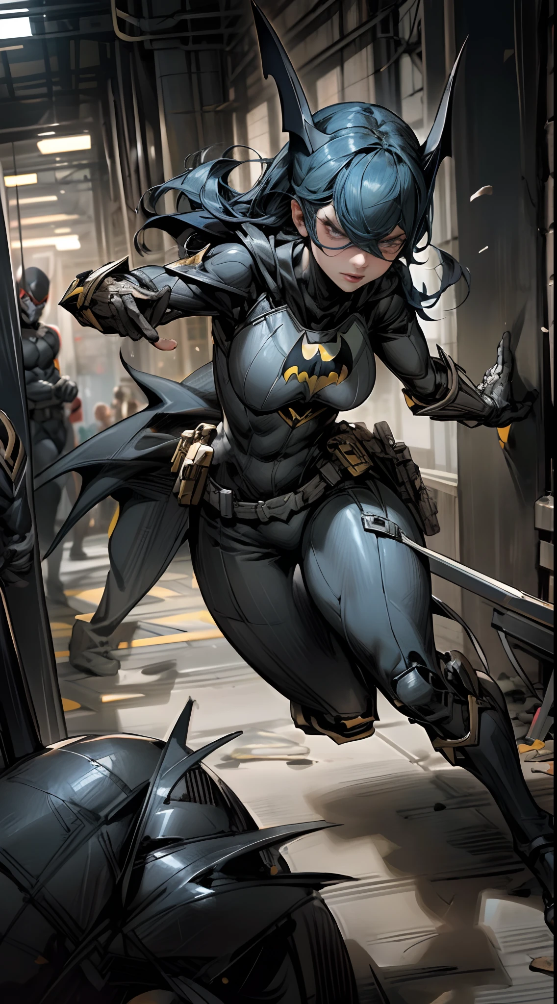 Beautiful woman with short hair defines the body and wears Batman role-play