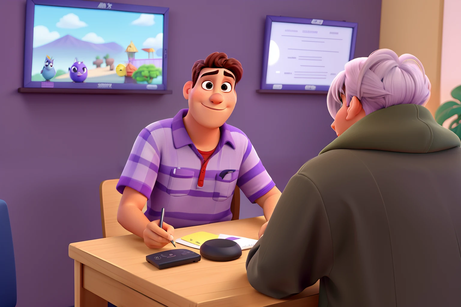 Criar imagem no estilo Disney Pixar, melhor qualidade de imagem e detalhes, sem coisas estranhas no rosto, rosto limpo, uniforme roxo