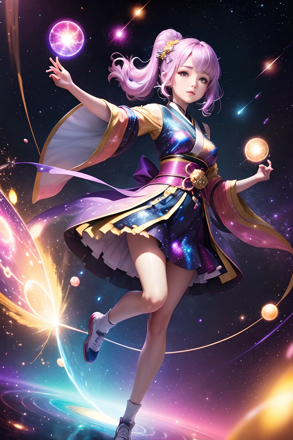 prismatic woman, spinning in space, galaxy in the background, moment of joy, beautiful photo, Japanese anime style