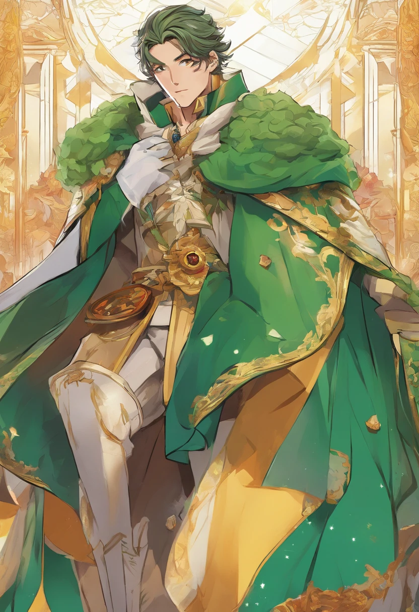 Anime - imagem de estilo de um homem vestido com uma capa verde e uma capa verde, casimiro arte, Beautiful androgynous prince, cara bonito na arte demon slayer, picture of a male cleric, official character illustration, delicate androgynous prince, Inspirado em Kris de Deltarrune, Arte Oficial, arte oficial do personagem, dressed like a cleric