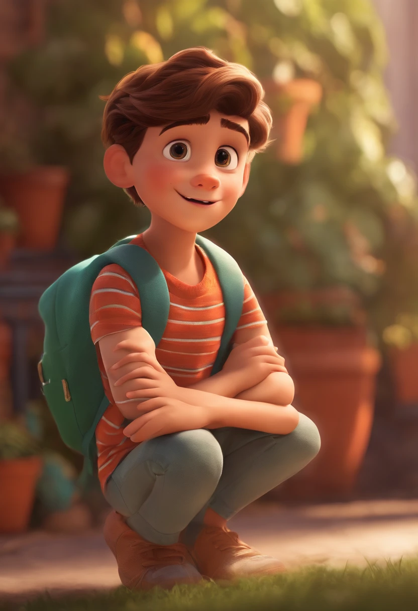 Image of a boy for a story in a YouTube video in Pixar format, He's the little allabester, He's the class leader, He's outgoing, Playful and gets up for a lot of things, cabelo curto