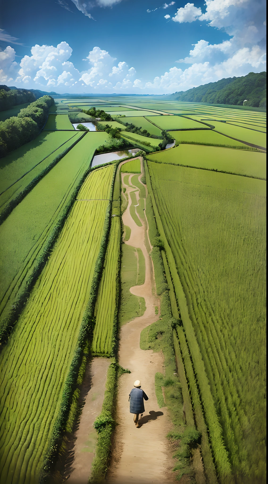 An old farmer carrying a flat burden, walking on the winding path of the countryside, big clouds, blue sky, rice fields, neat rice seedlings in the field, forest, hillside, secluded, countryside, HD detail, hyper-detail, cinematic, surrealism, soft light, deep field focus bokeh, ray tracing and surrealism. --v6